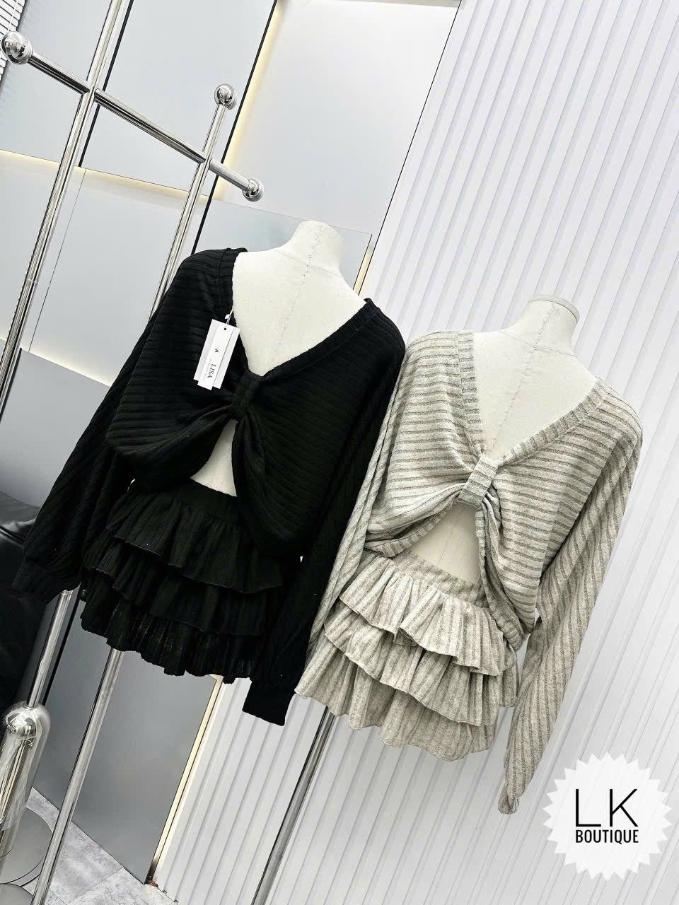  Set áo tay dài hở lưng kiểu mix chân váy tầng xòe - NÂU - G196 