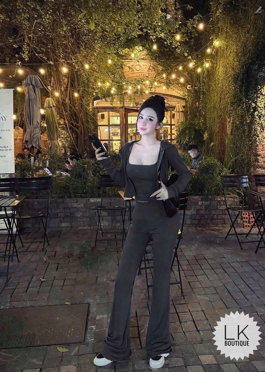  Set 3 món hai dây Bad kèm áo khoác croptop mix quần suông dài ống loe - G205 