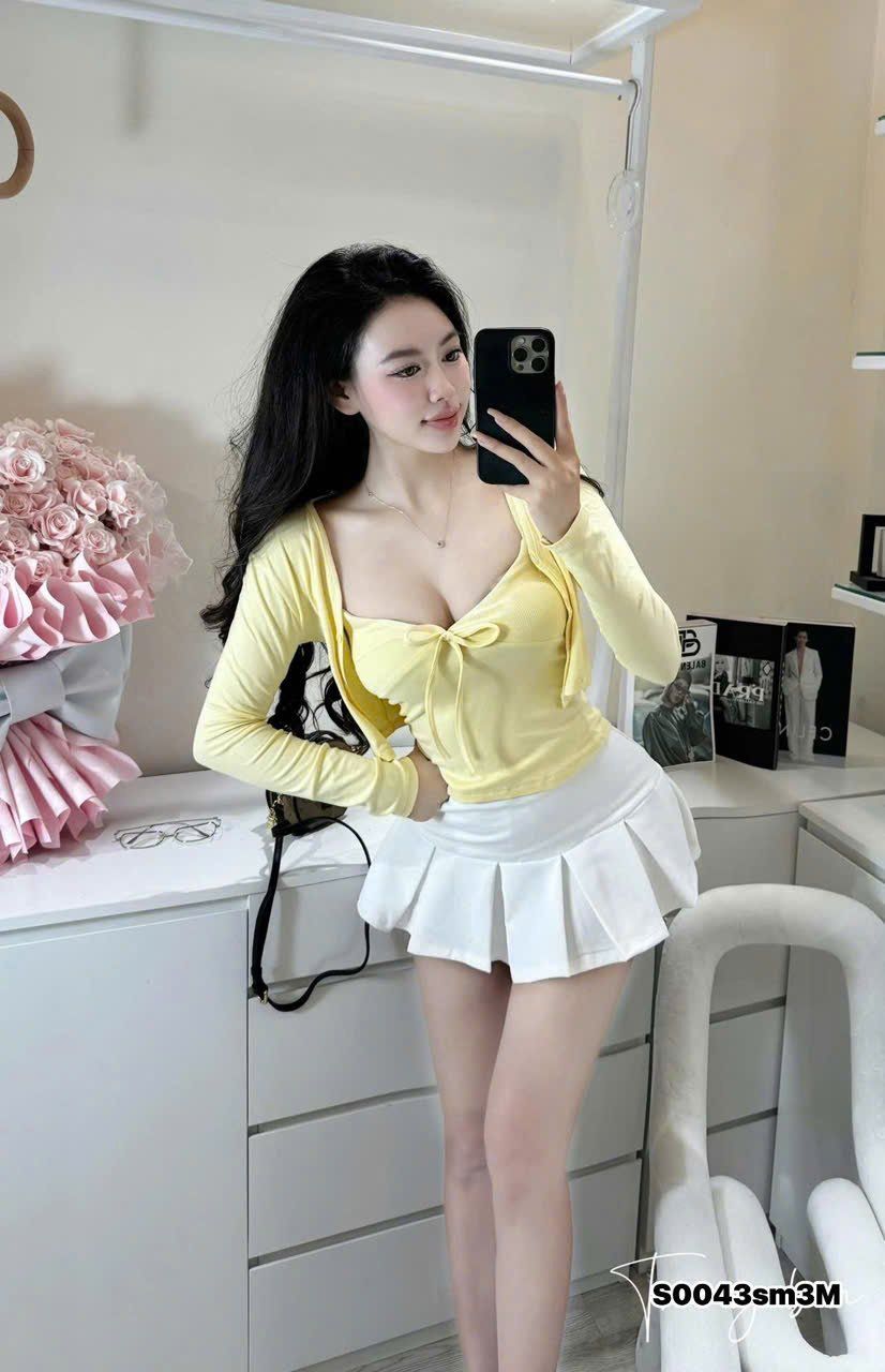  Set 3 món áo hai dây kèm khoác mỏng mix chân váy xếp li bản lớn - VÀNG - G207 (EO S<68, M<72) 