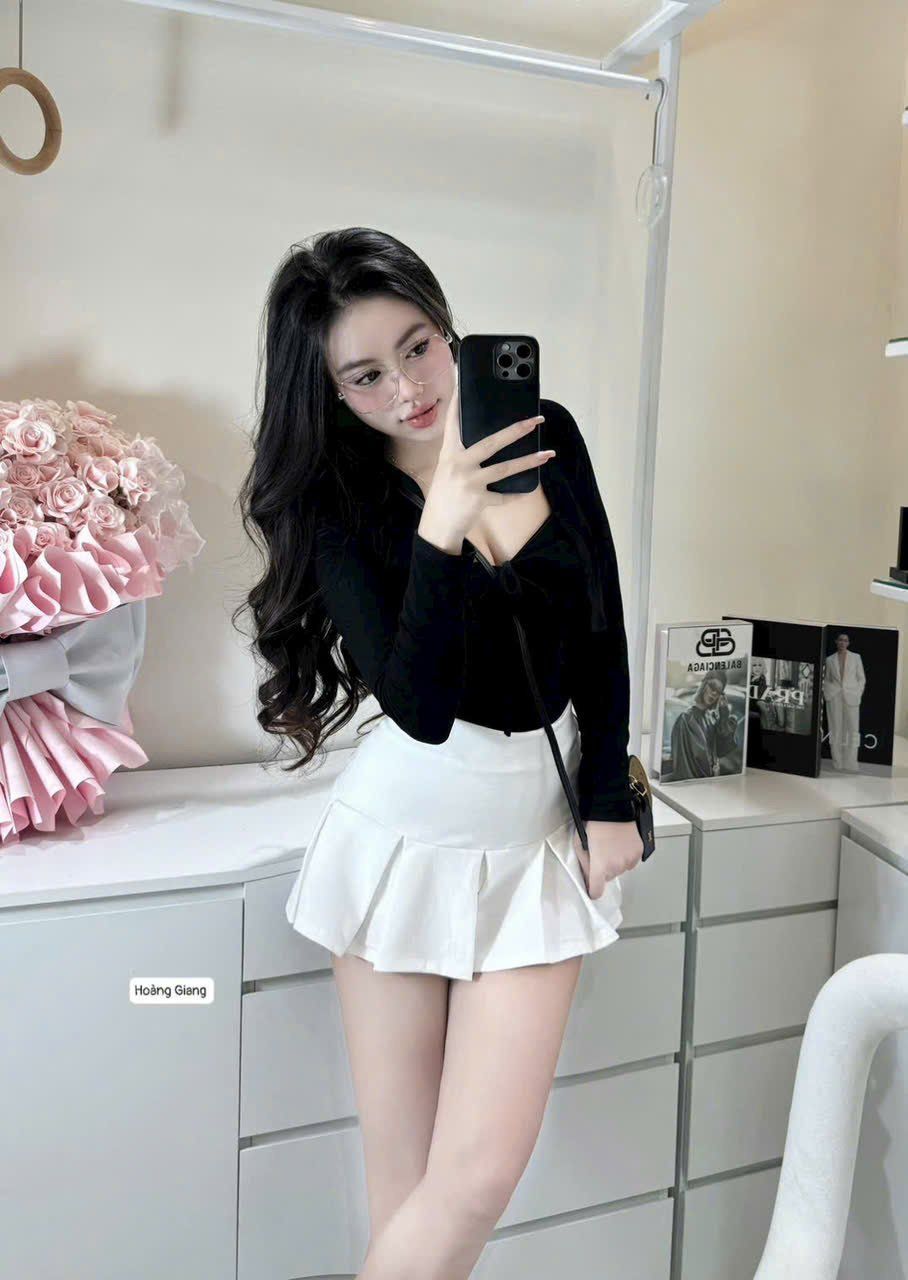  Set 3 món áo hai dây kèm khoác mỏng mix chân váy xếp li bản lớn - ĐEN - G206 (EO S<68, M<72) 