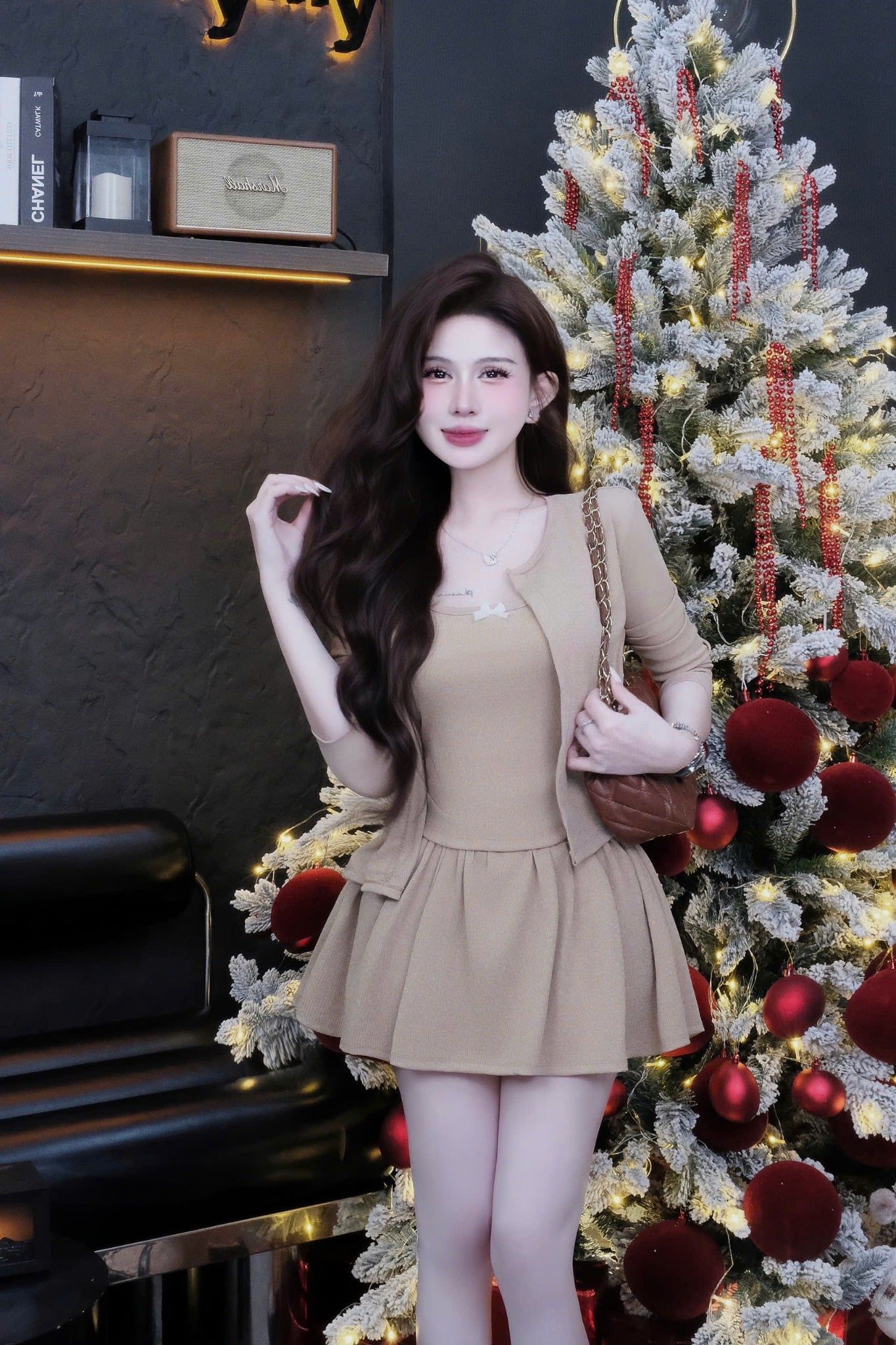  Set 3 món áo hai dây đính nơ mix chân váy kèm khoác - NÂU - B11 