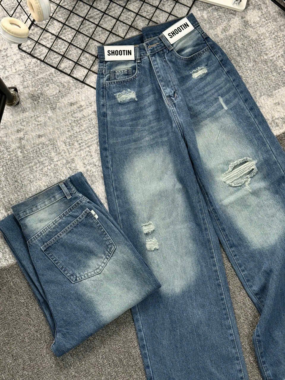  Quần jean ống suông phối tag wash bạc rách - G212 (eo S<64, M<68, L<72) 