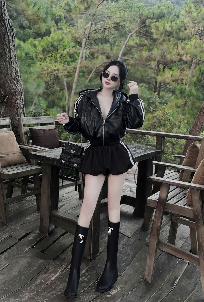  Khoác da đúp lót 2 lớp có nón tay phối kẻ sọc - G215 