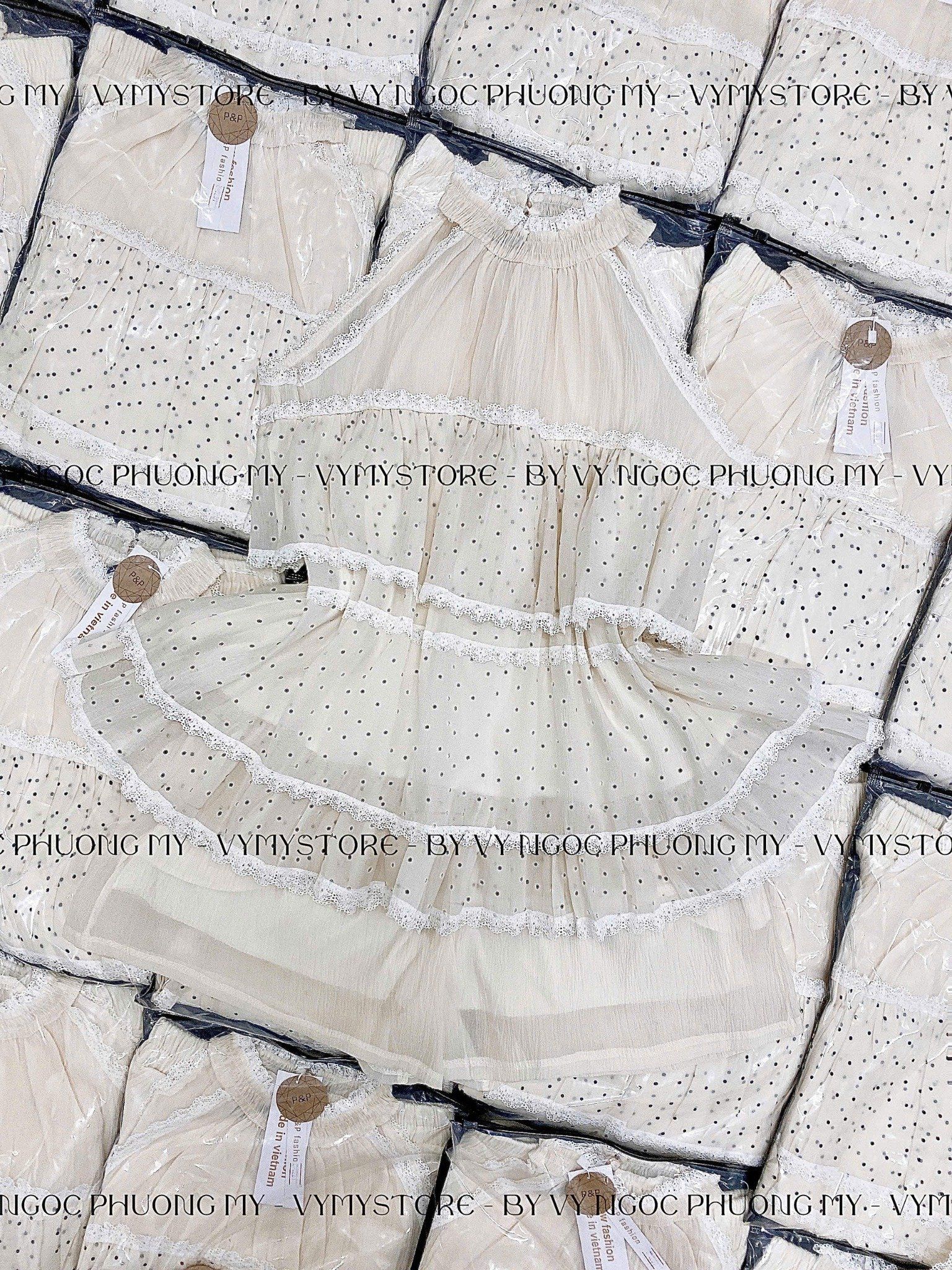  Set áo yếm viền ren chấm bi 2 tầng mix quần short tơ 2 lớp lưng chun - C28 