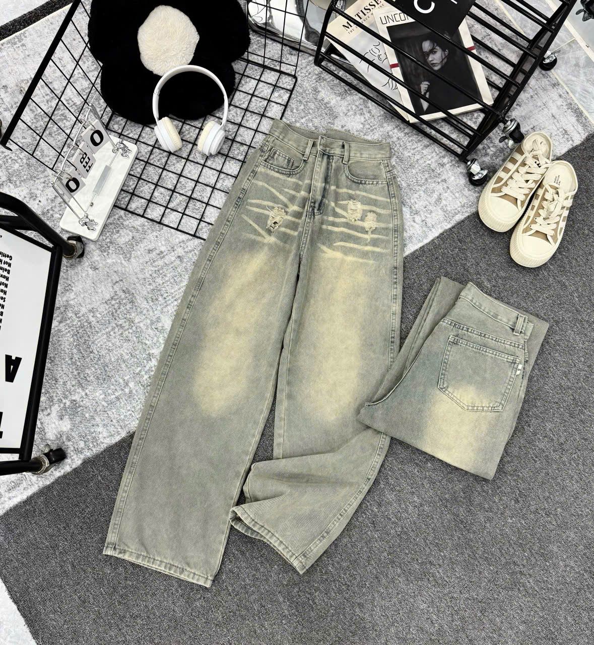  Quần jean suông wash kiểu ống đứng rách nhẹ - G218 (eo S<64, M<66, L<70) 