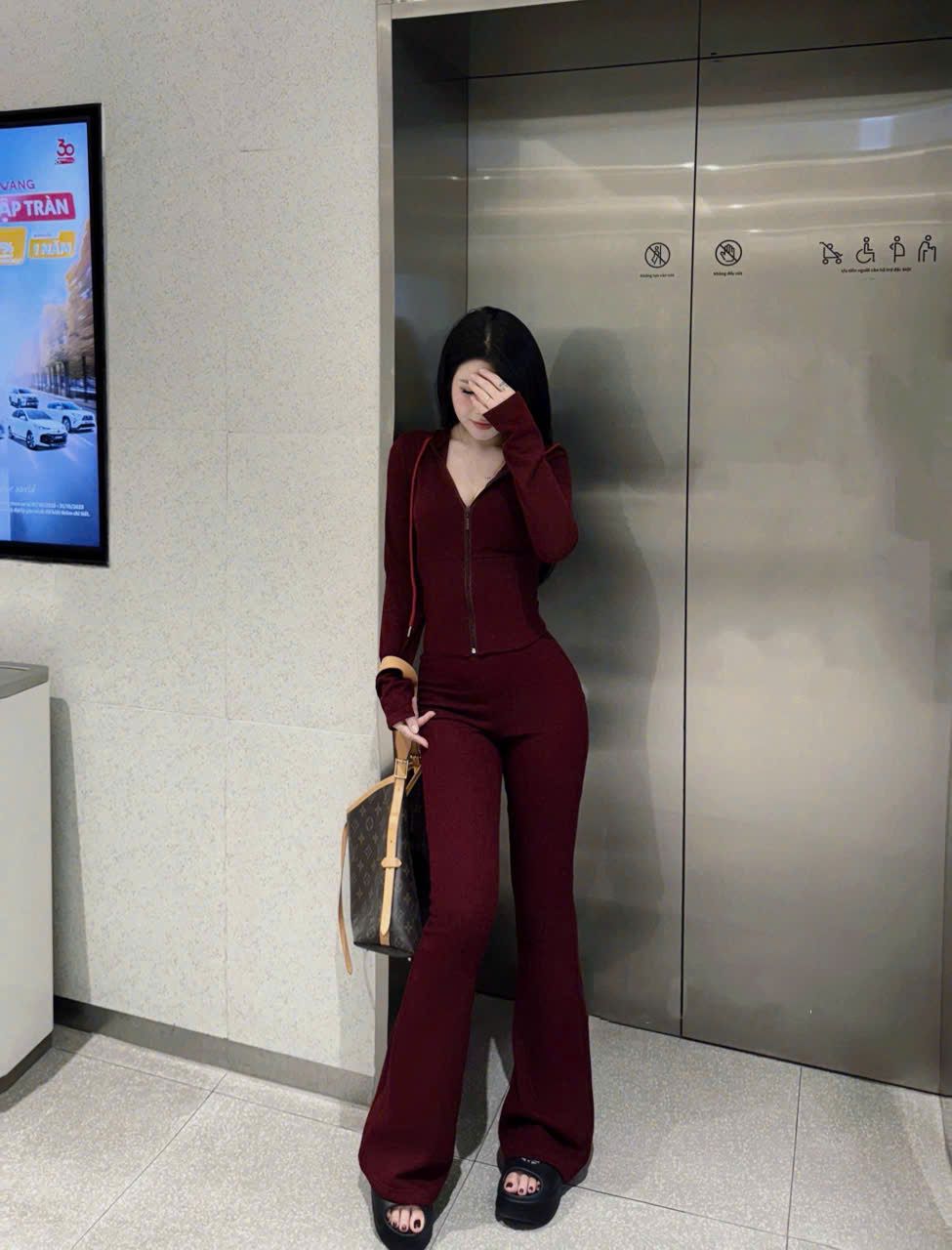  Set áo tay dài có nón ôm body mix quần suông ống loe - ĐỎ - G154 