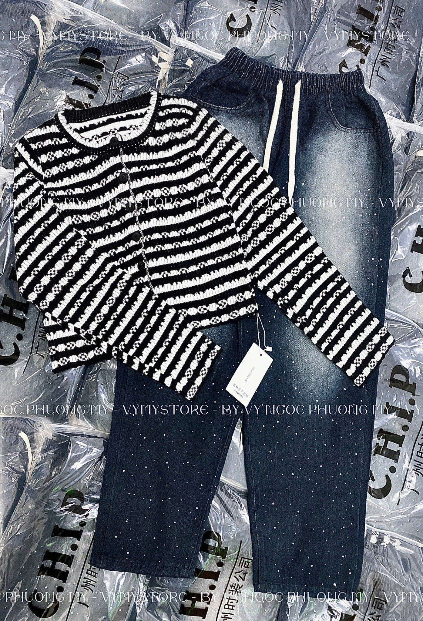  Set áo len kẻ sọc cài nút mix quần baggy đính đá - G199 