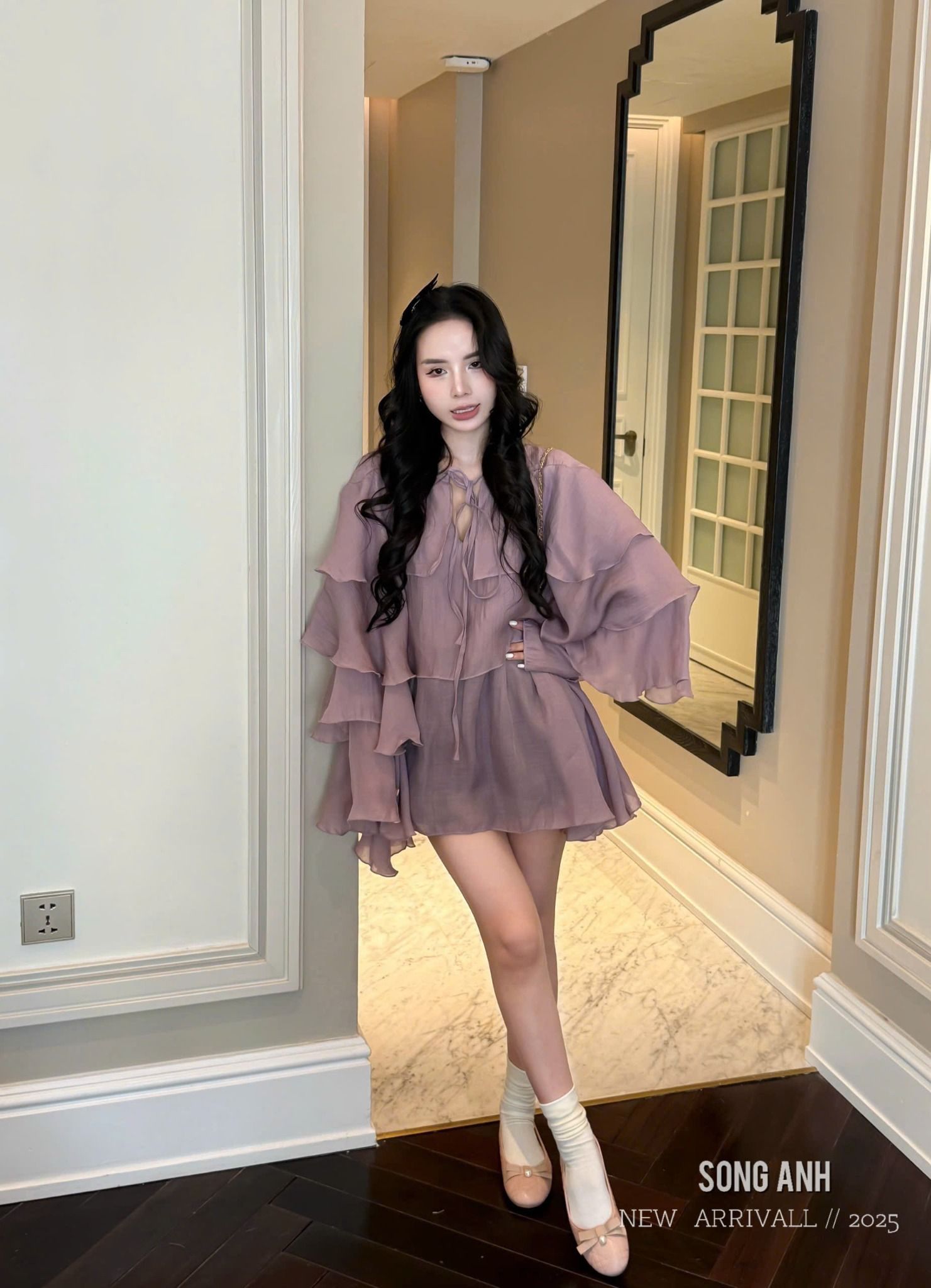  Áo tầng voan mềm dài tay dáng bèo có dây buộc nơ - G238 