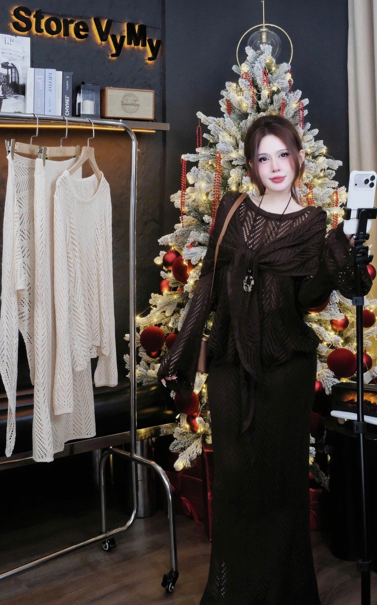  Set 3 món áo tay dài mix chân váy dáng dài kèm choàng - NÂU - E246 