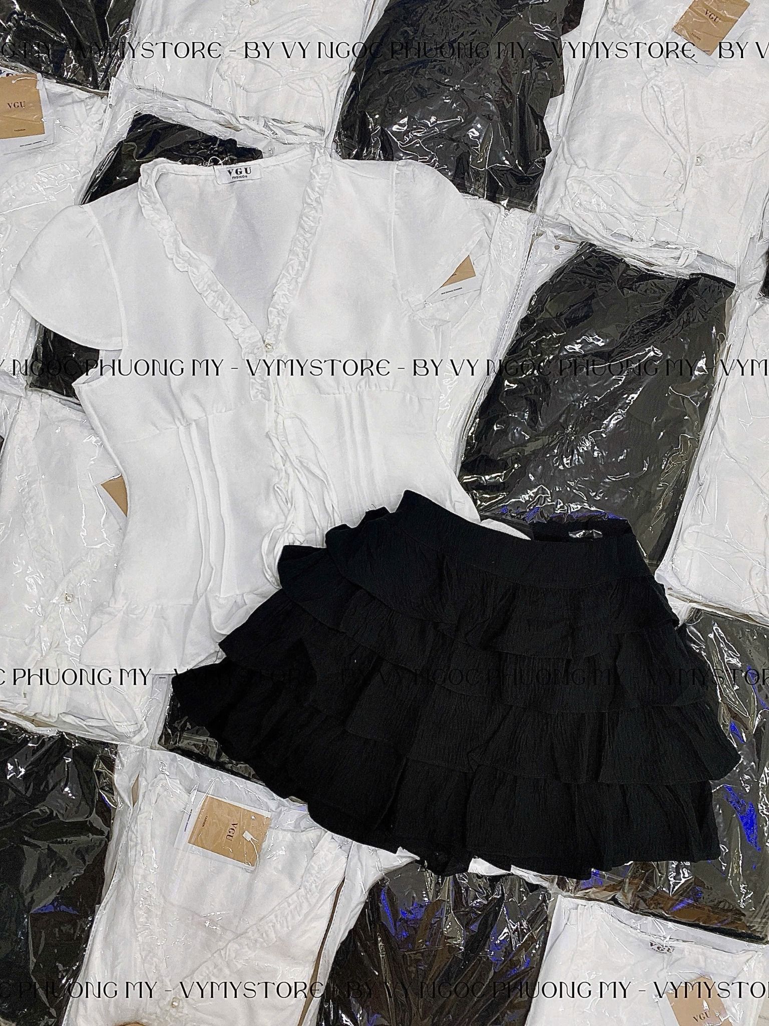  Set áo tay hến thắt nơ linen mix chân váy tầng xòe 50% lưng chun - C65 