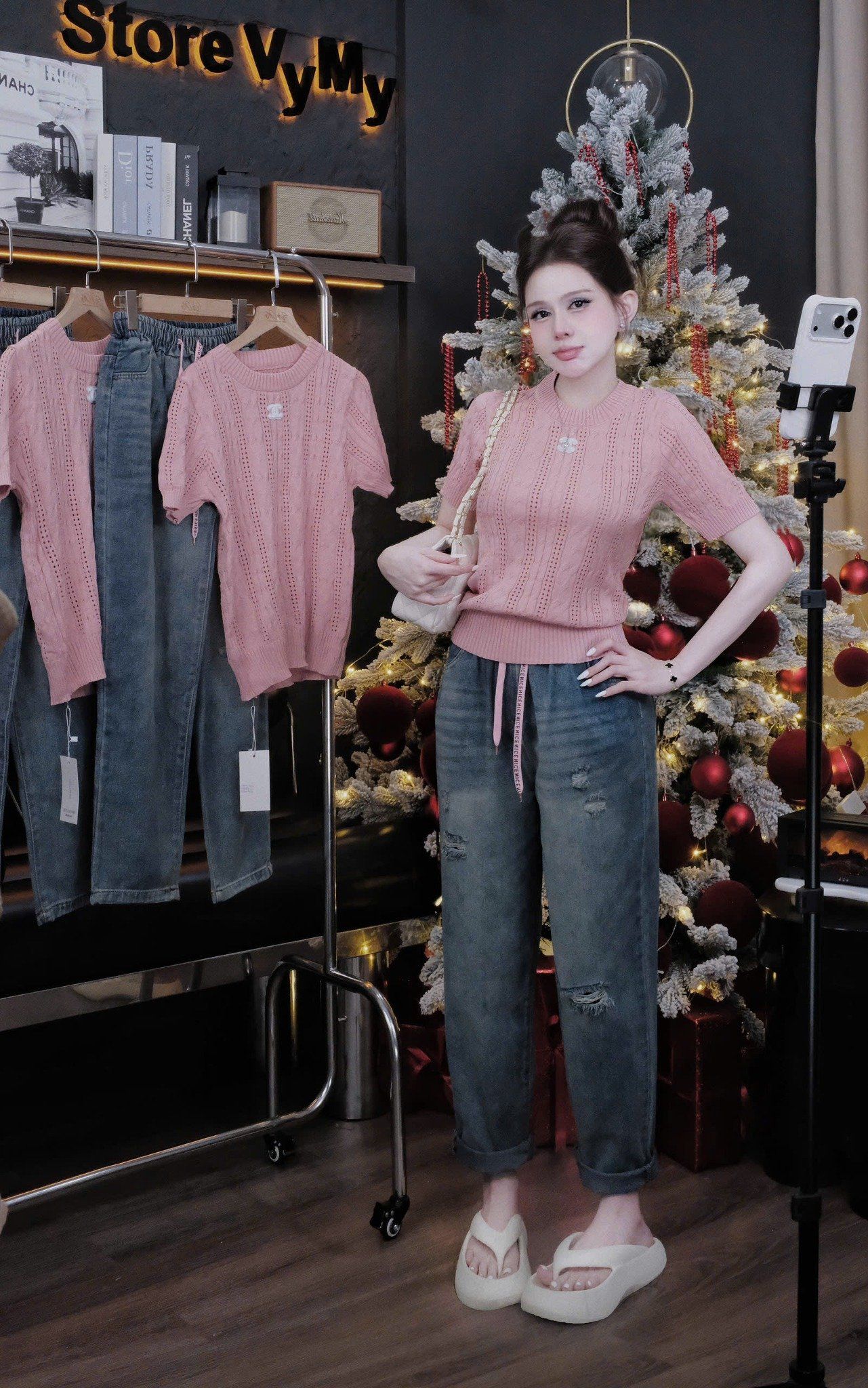  Set áo len hồng CHANEL mix quần baggy - G203 