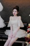  Đầm thiết kế trễ vai tay lưới thân kết hoa tùng xoè sang chảnh - KEM - C156 ( eo S<68, M<72, L<76 ) - HÀNG SALE LỖ KO ĐỔI TRẢ DƯỚI MỌI HÌNH THỨC 