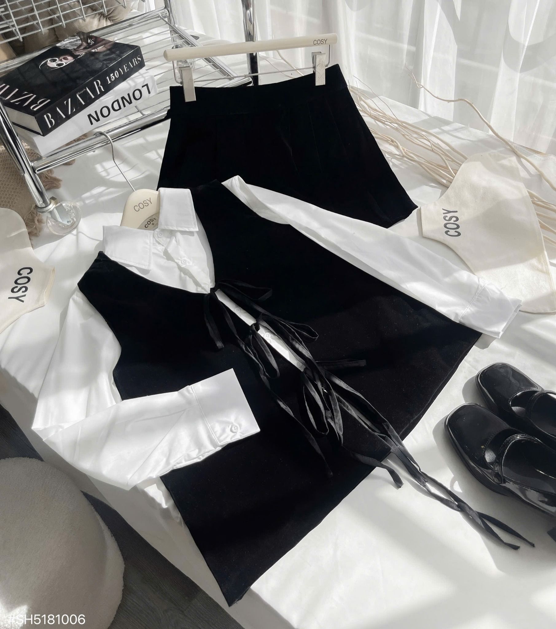  Set 3 món áo sơ mi kèm gile buộc dây mix chân váy chất nhung lót quần trong - G245 (eo S<68, M<72) 