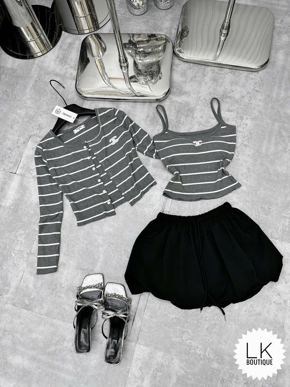  Set 3 món áo hai dây kèm choàng cadigan mix chân váy bí lưng chun - G249 