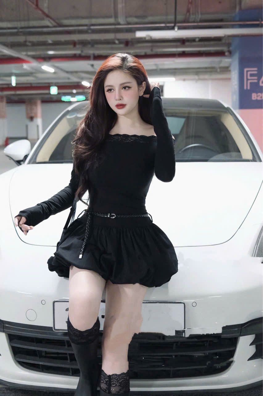  Váy trễ vai phối viền ren tùng bí kèm dây đai - C80 (eo S<68, M<72) 