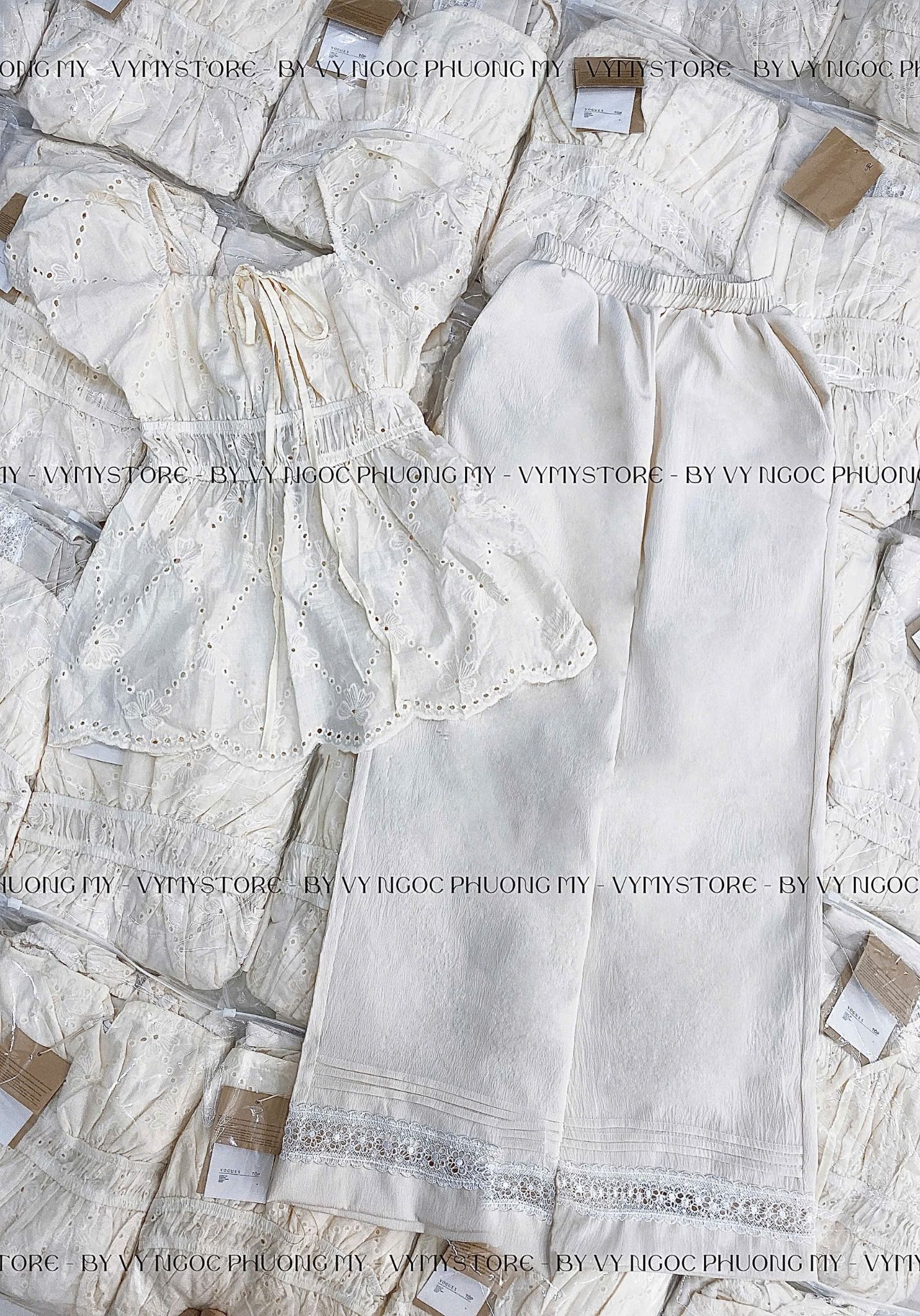  Set áo tay bồng ren đục lỗ mix quần suông viền lai ren - C129 ( DÀI 102CM ) 