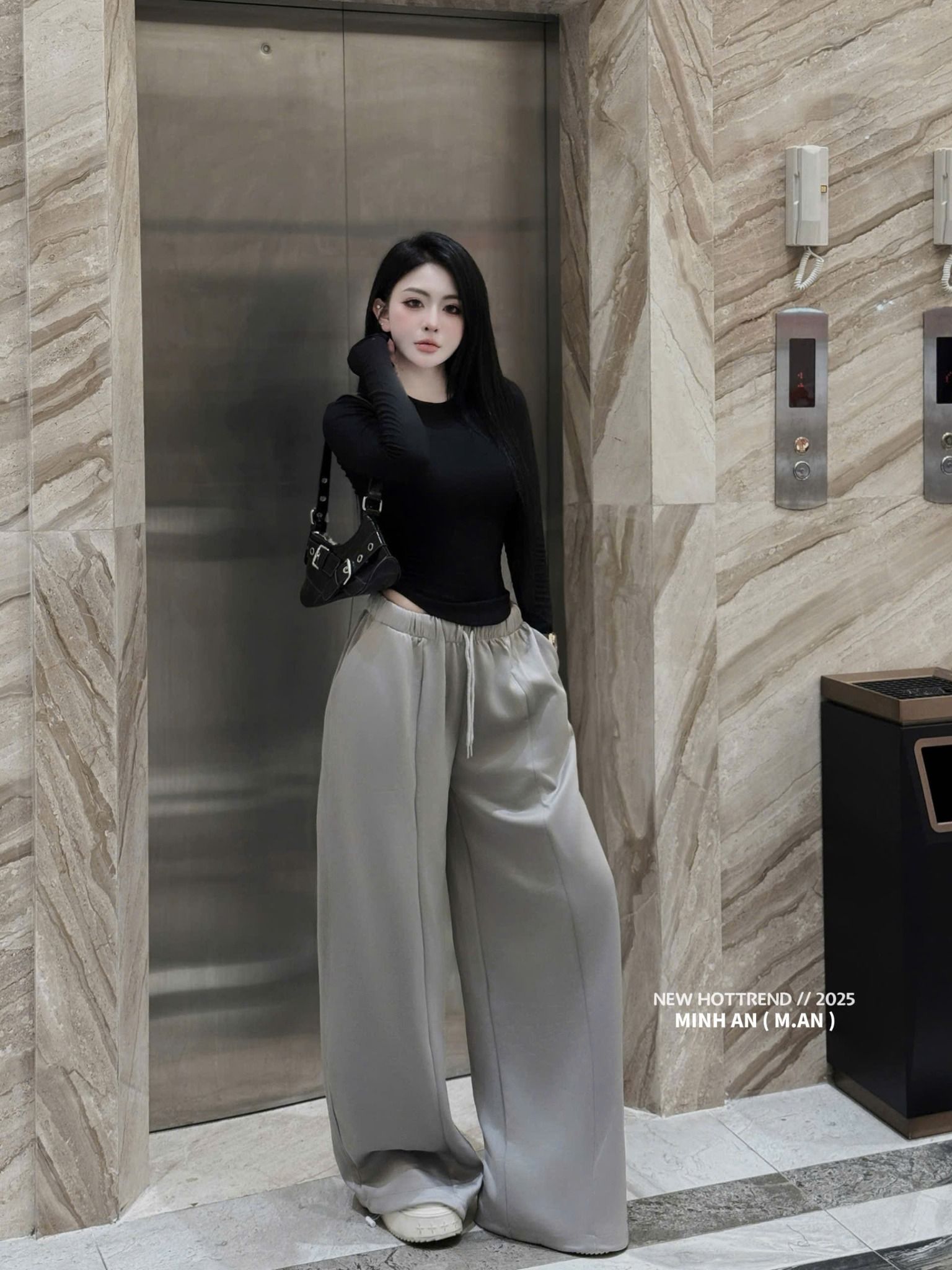  Set áo tay dài ôm body mix quần suông dài ống rộng - ĐEN - G264 (TÍNH MÀU ÁO) 