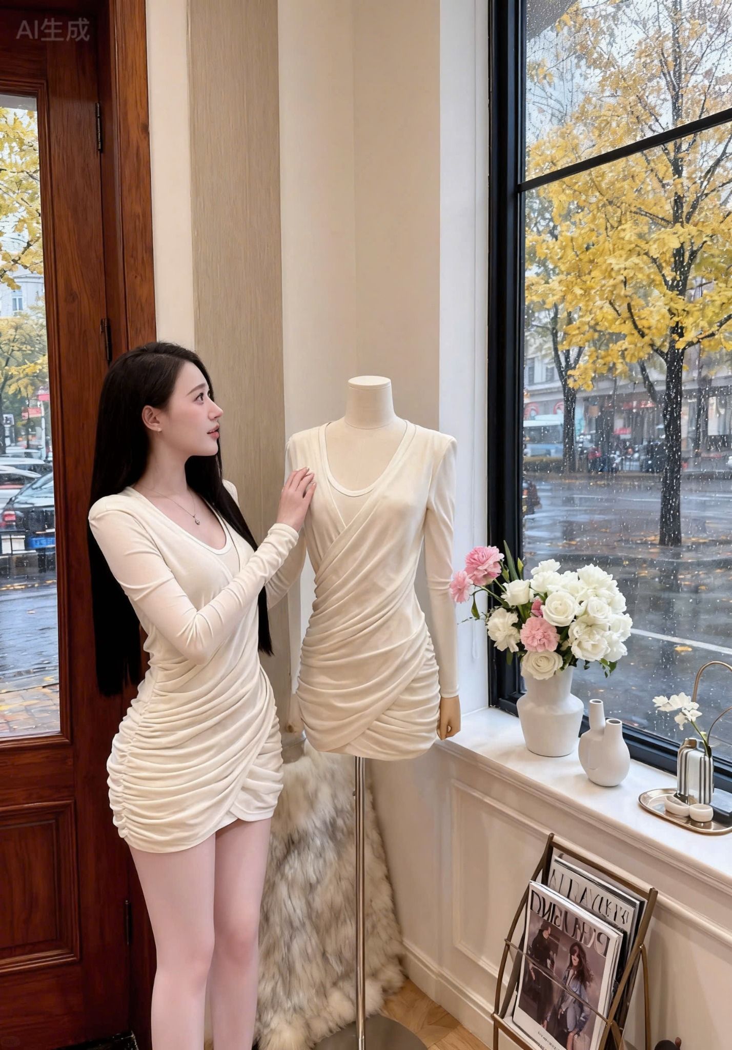  Váy body tay dài xoắn kiểu nhún chân eo fix dáng - TRẮNG - C152 