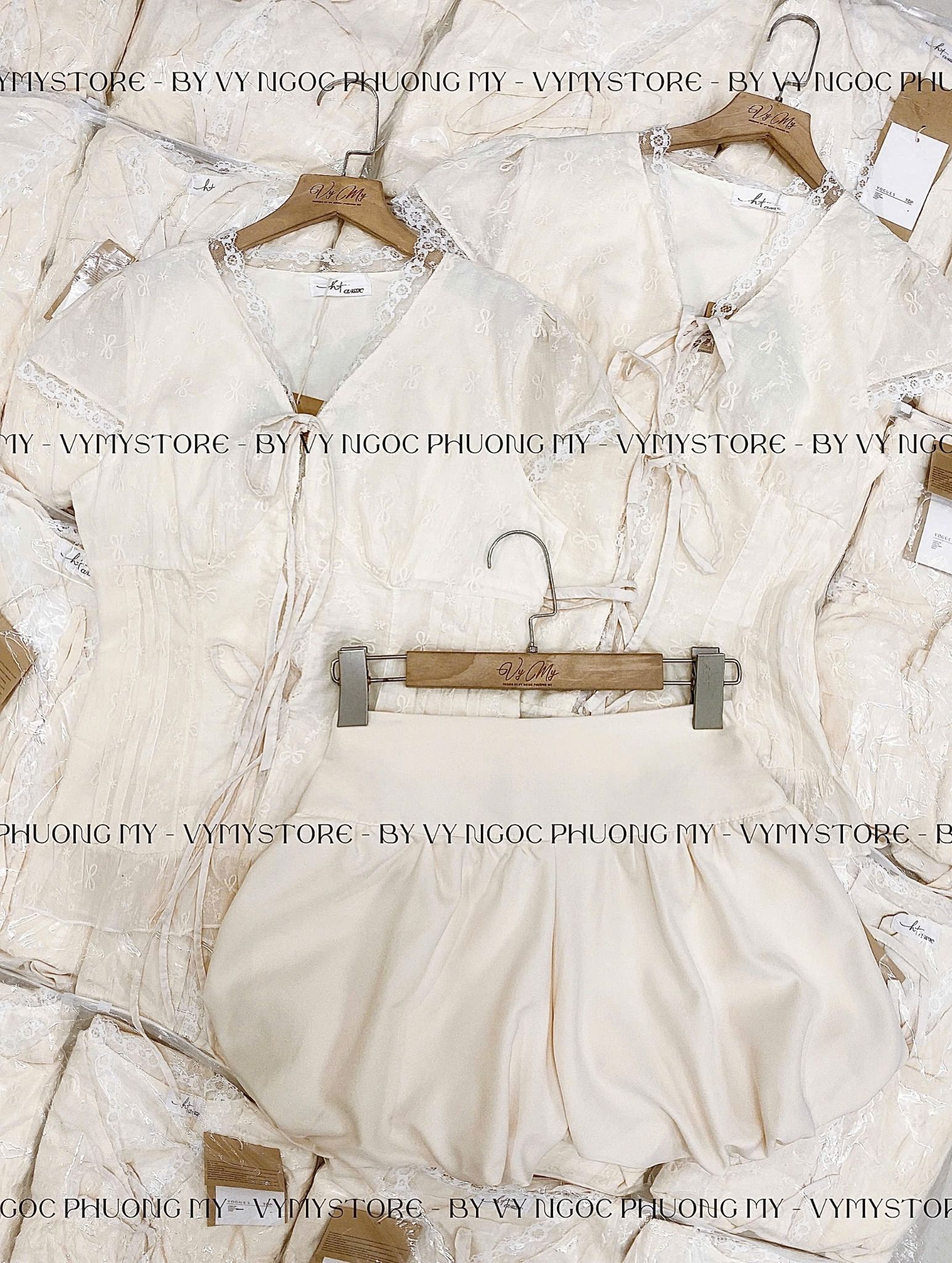  Set áo tay hến thêu nơ phối ren mix quần bí 50% lưng chun - C138 