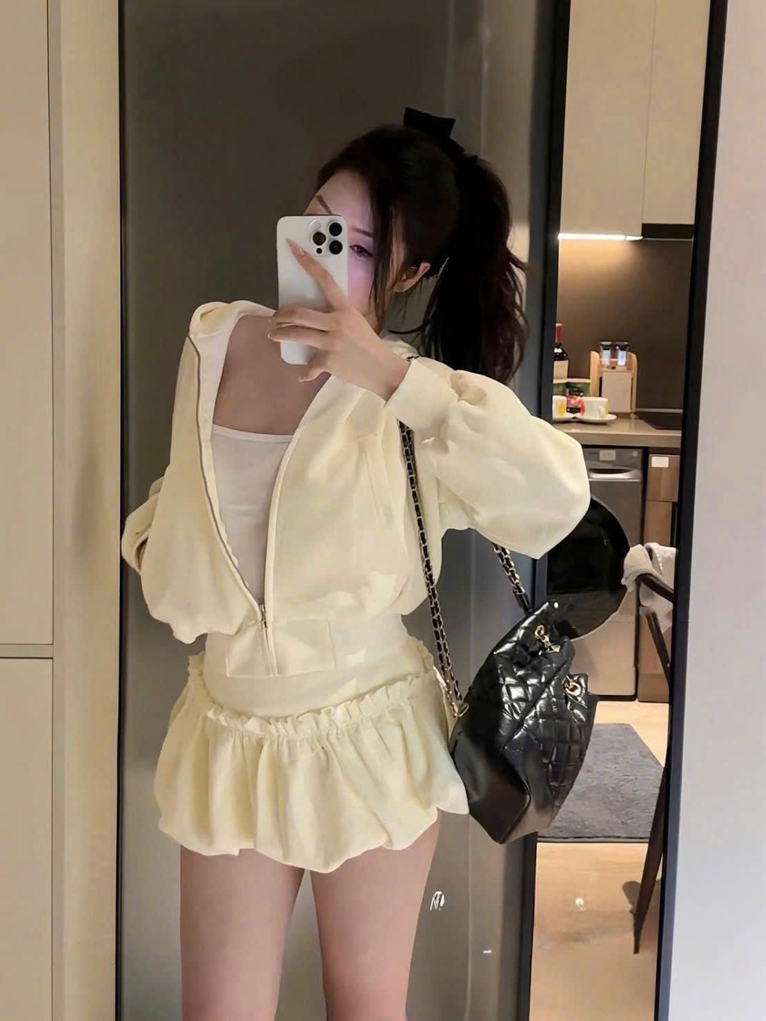  Set áo khoác có nón mix chân váy chân bồng bí - C159 (eo S<68, M<72) 