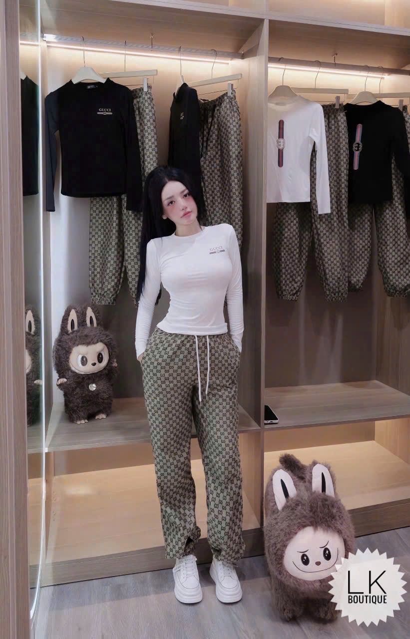  Set áo thun tay dài Gucci mix quần suông bo gấu họa tiết - TRẮNG - C167 