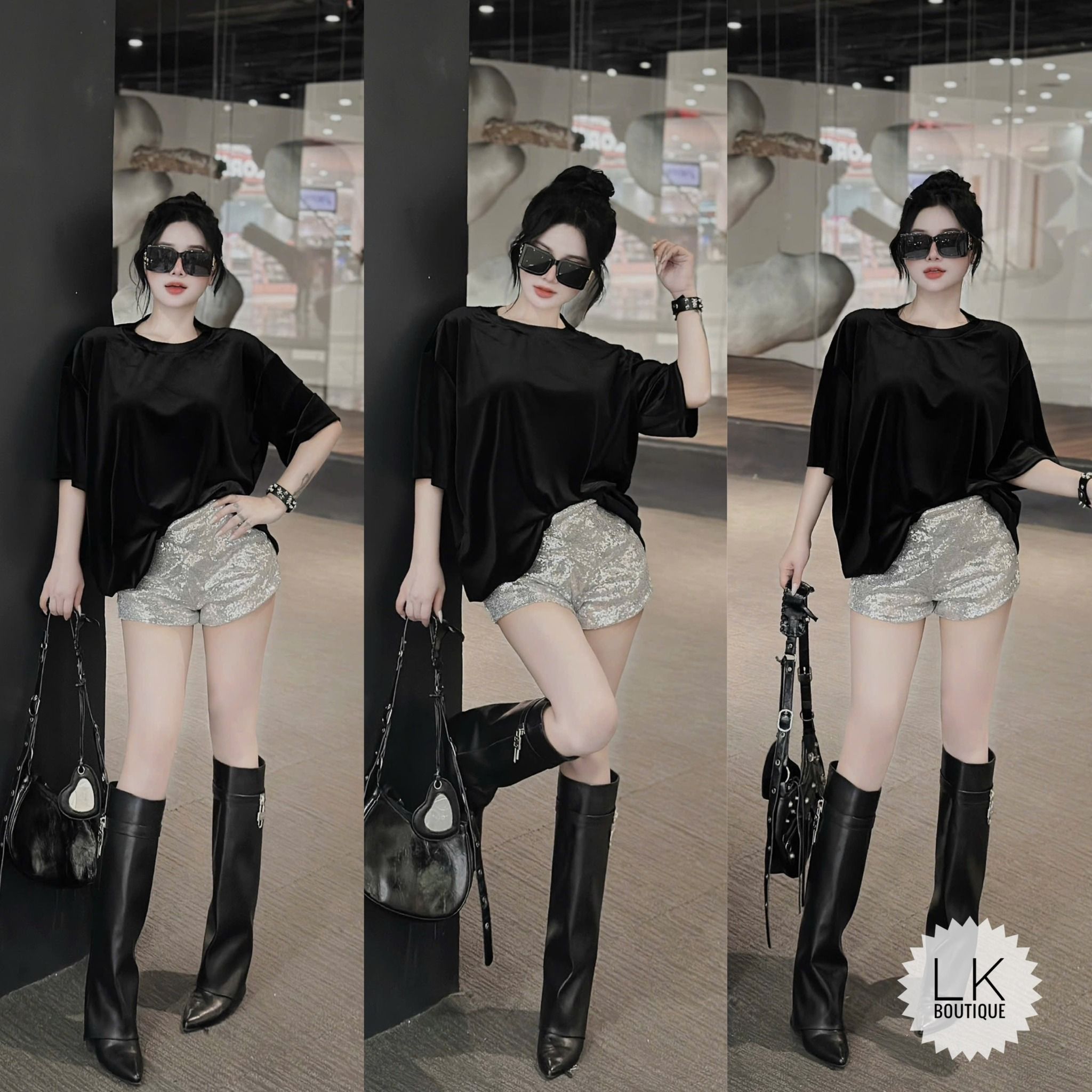  Set bộ áo nhung mix quần short cạp cao bling - C170 ( eo S<68, M<72 ) 