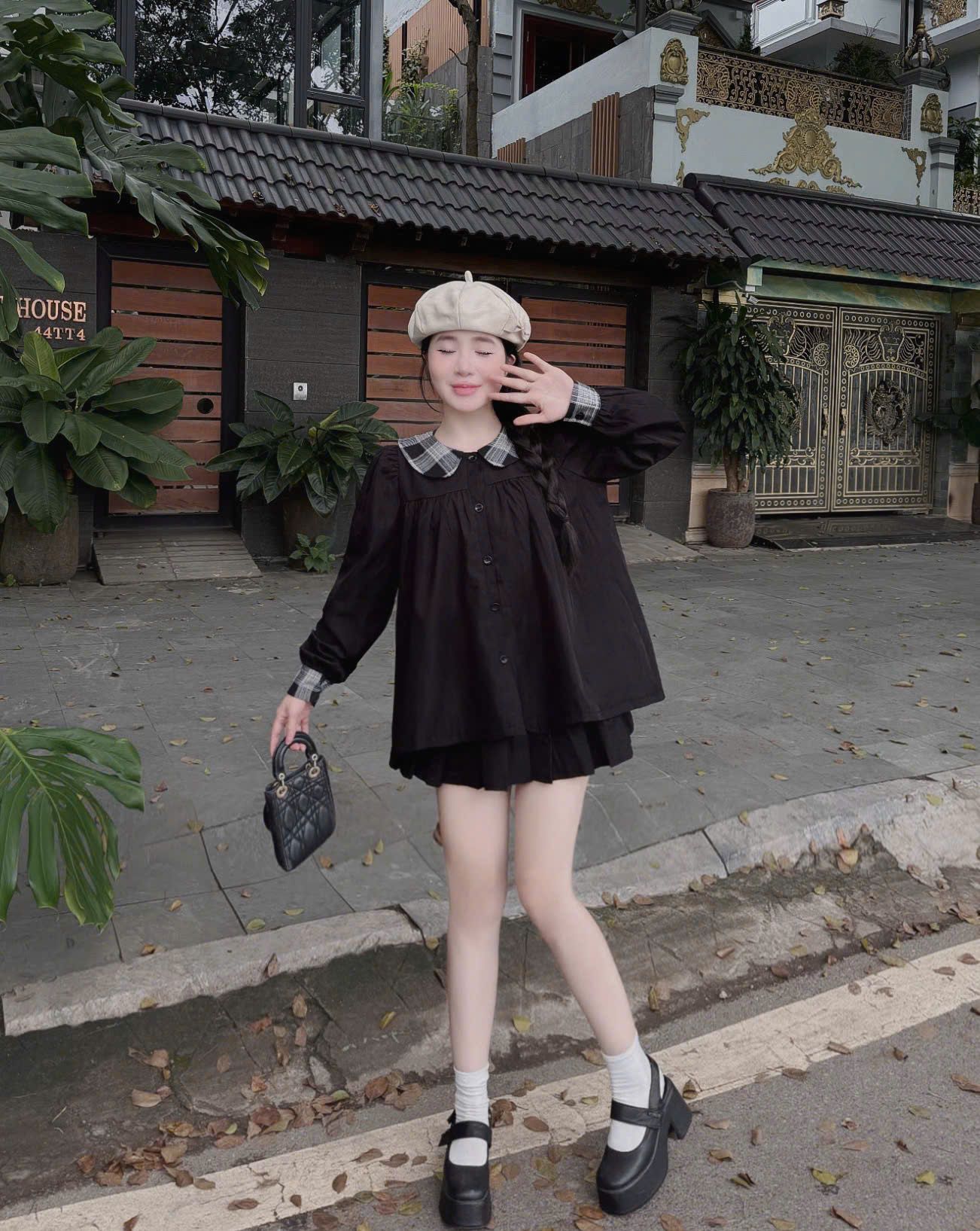  Set babydoll áo cổ sen kẻ sọc phối chân váy xòe - ĐEN - C178 