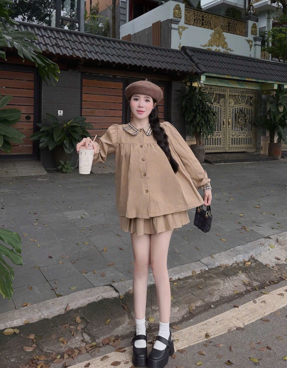  Set babydoll áo cổ sen kẻ sọc phối chân váy xòe - NÂU - C179 