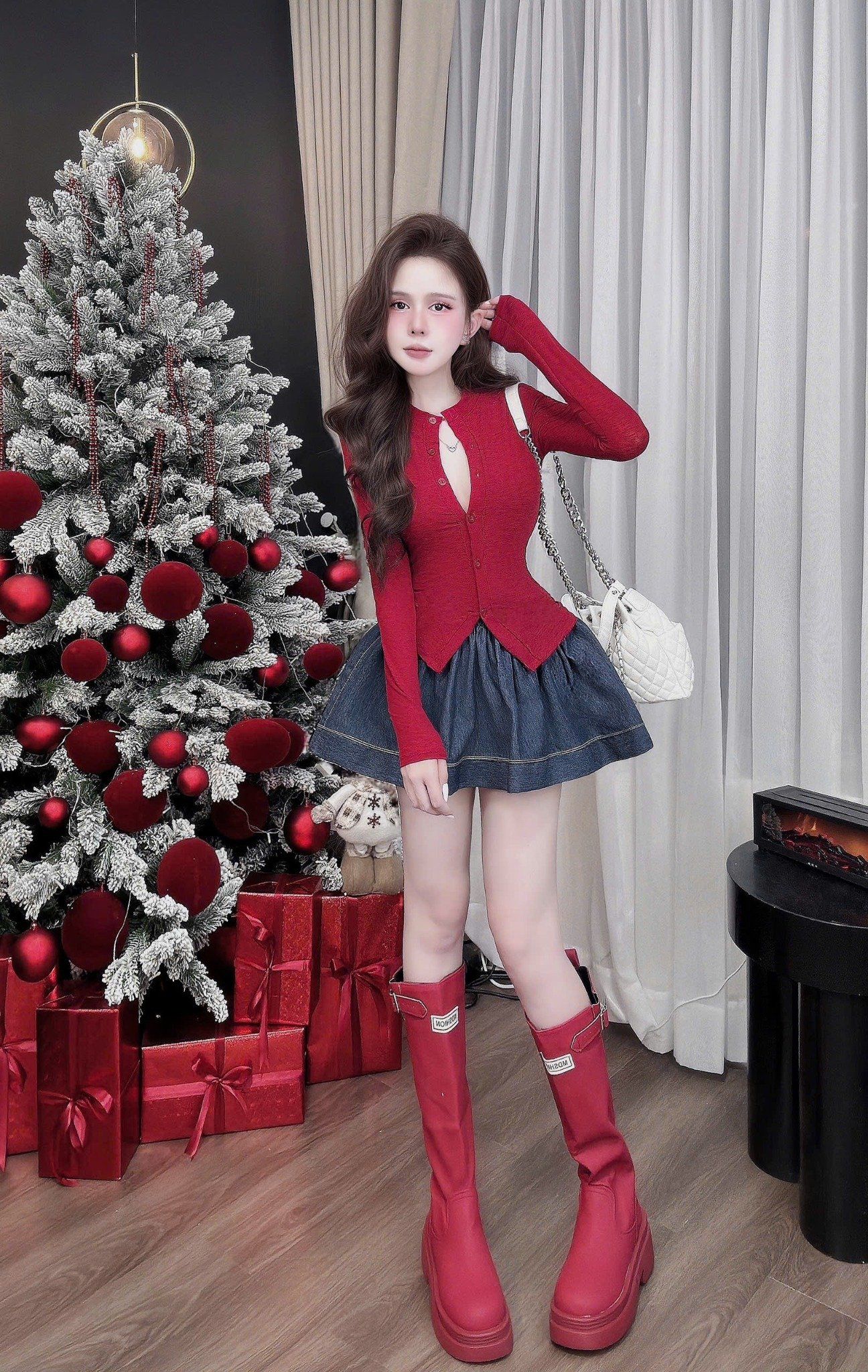  Set áo tay dài thêu ngựa mix chân váy jeans xòe - ĐỎ - C181 