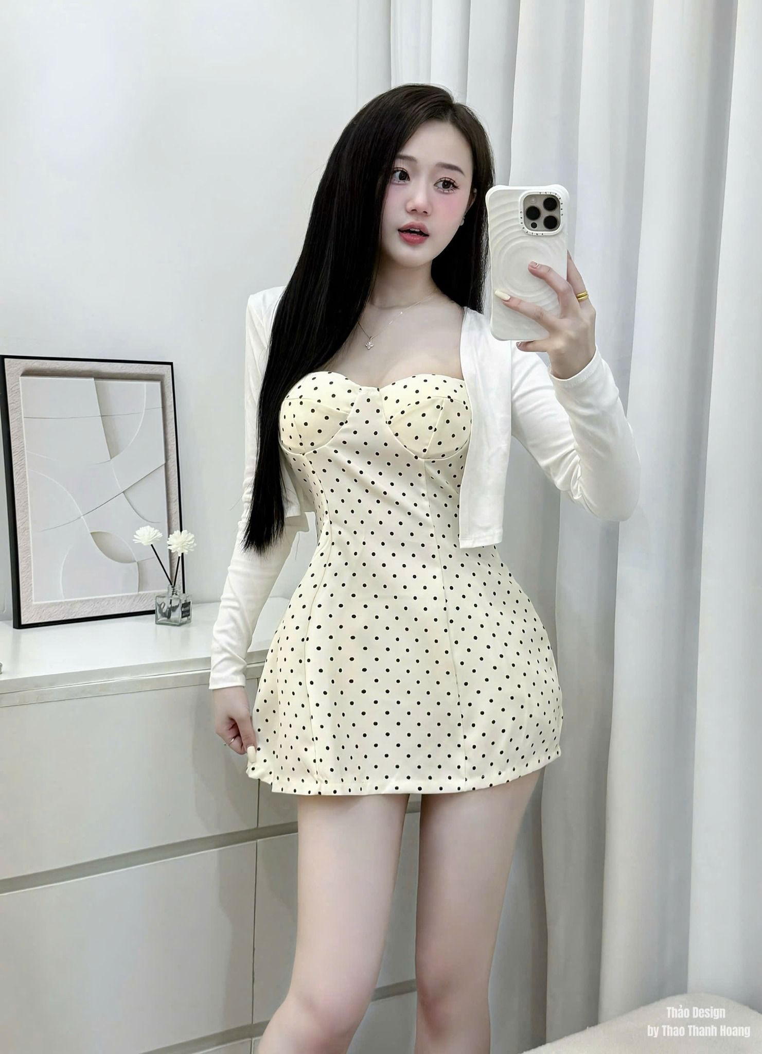  ( 289K TẶNG 10 KHÁCH 239K ) Set đầm quây họa tiết chấm bi phối kèm khoác hờ - C183 ( eo S<68, M<72 ) 