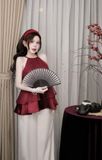  Áo dài cổ yếm thêu hoa văn mix quần suông rộng - C107 ( 50% lưng chun ) ( DÀI 100CM , ÁO 65CM ) 