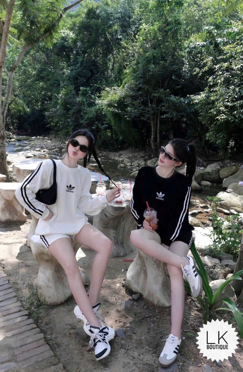  Set thể thao áo tay dài kẻ sọc mix quần short đùi adidas - ĐEN - C186 