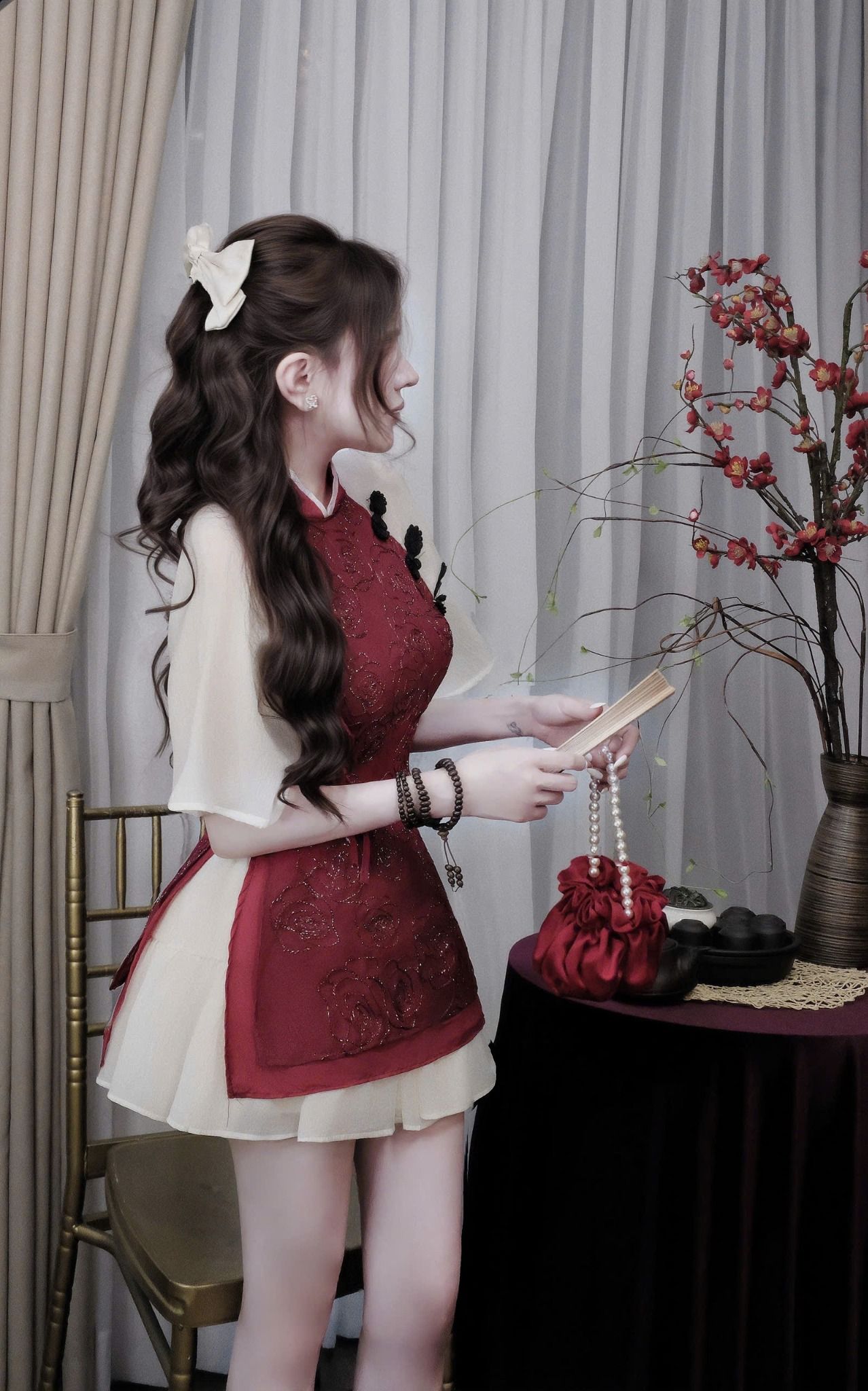  Set áo cách tân tay lỡ đính hoa mix chân váy xòe - ĐỎ - C196 (FREESIZE <58KG) ( ÁO DÀI 70, CV DÀI 27CM ) / TÍNH MÀU ÁO 