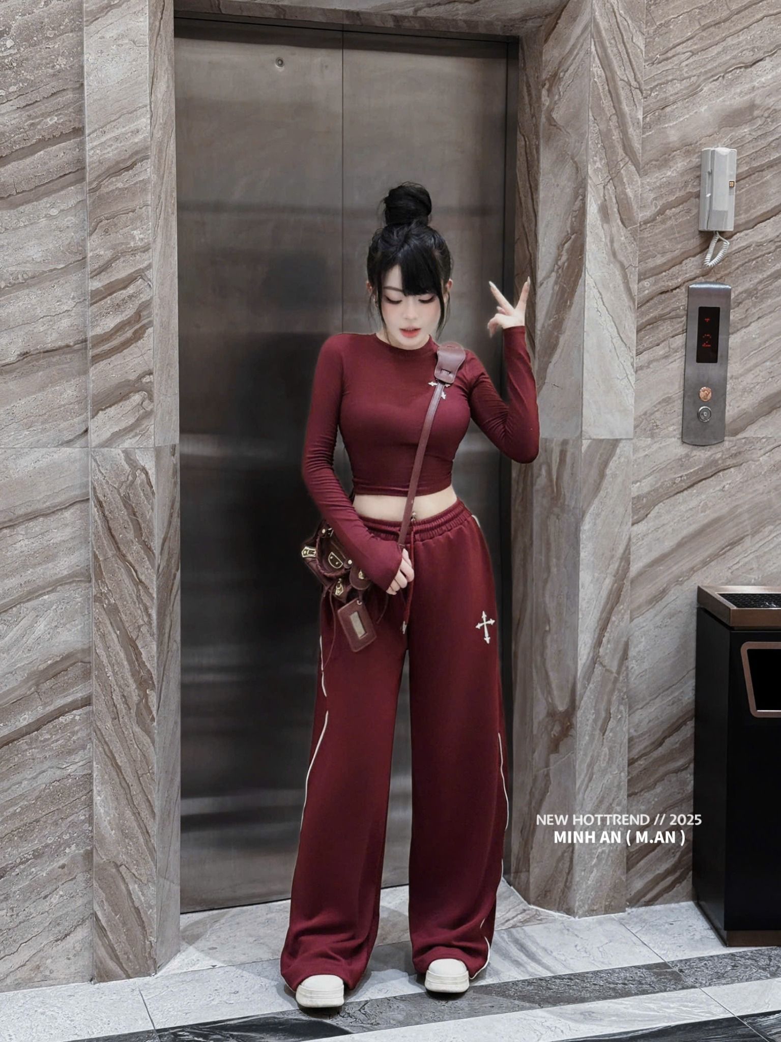  Set áo thun tay dài chữ thâp mix quần suông dài form đẹp - ĐỎ - C209 