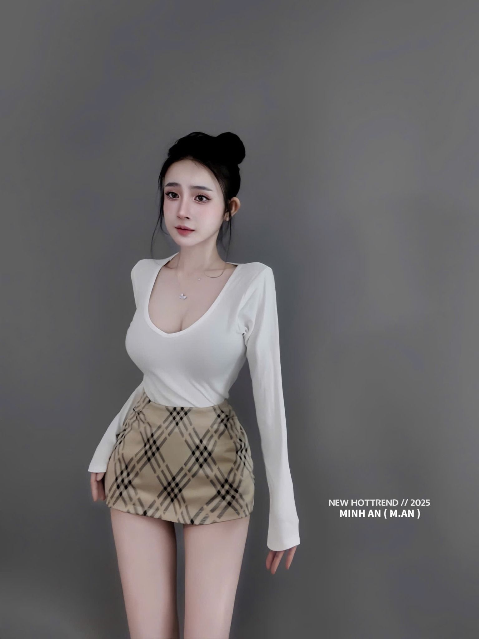  Set áo tay dài cổ tim mix chân váy form A kẻ caro - TRẮNG - C215 (EO S<68, M<72) 