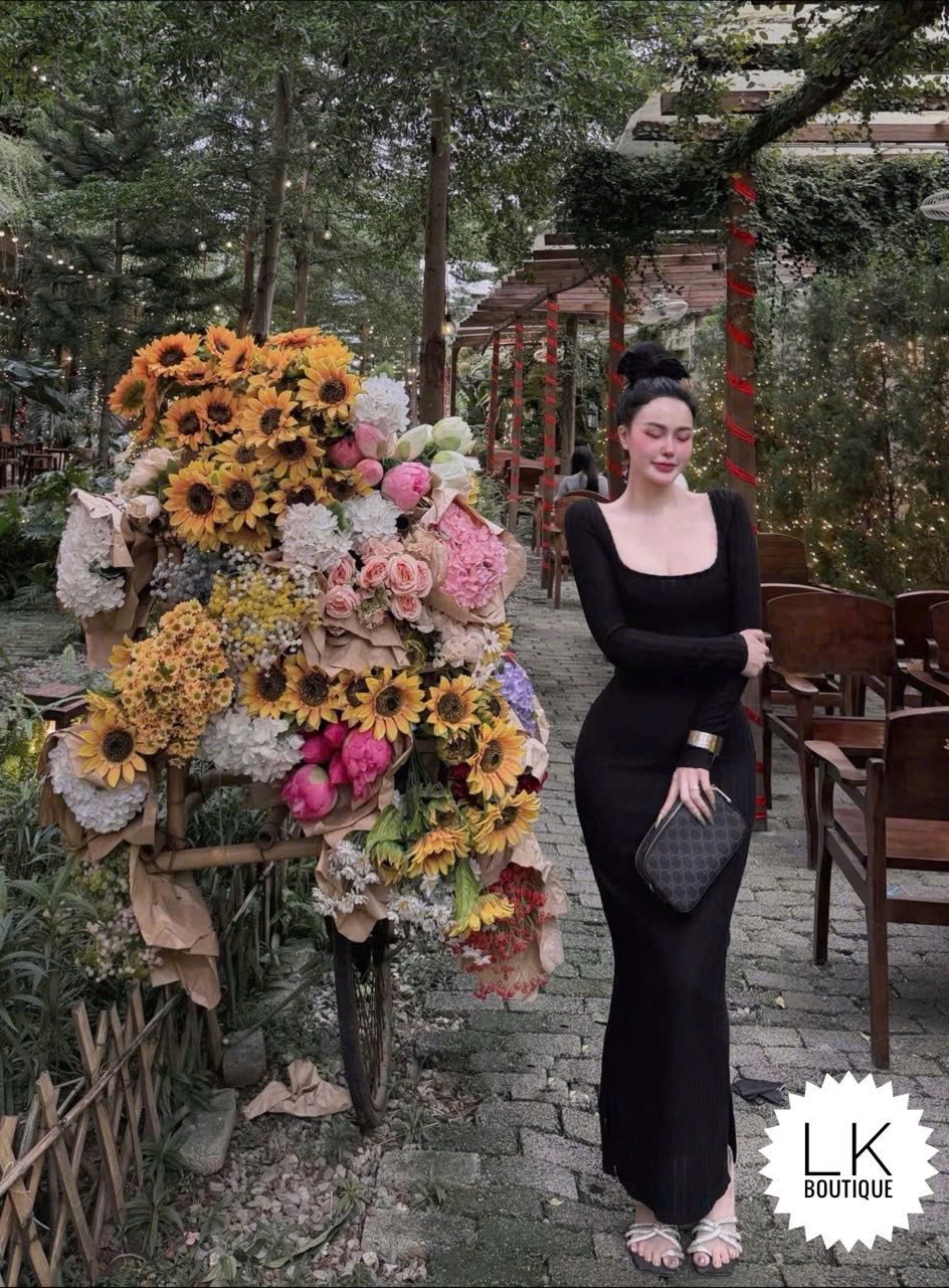  (GỐC 259K SALE 189K) Đầm body cổ u dáng dài xẻ ta chất len gân fix dáng - ĐEN - C231 (S< 52KG, M<57KG) 