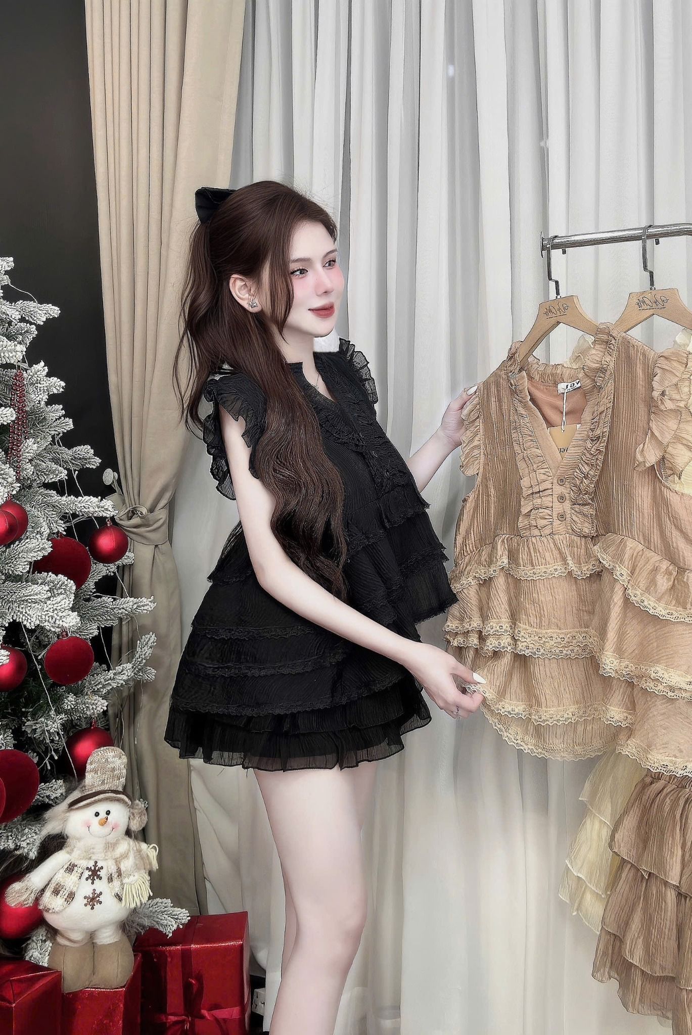  Set áo tay cánh tiên phối ren mix chân váy tầng - ĐEN - C137 ( FREESIZE <58KG ) 