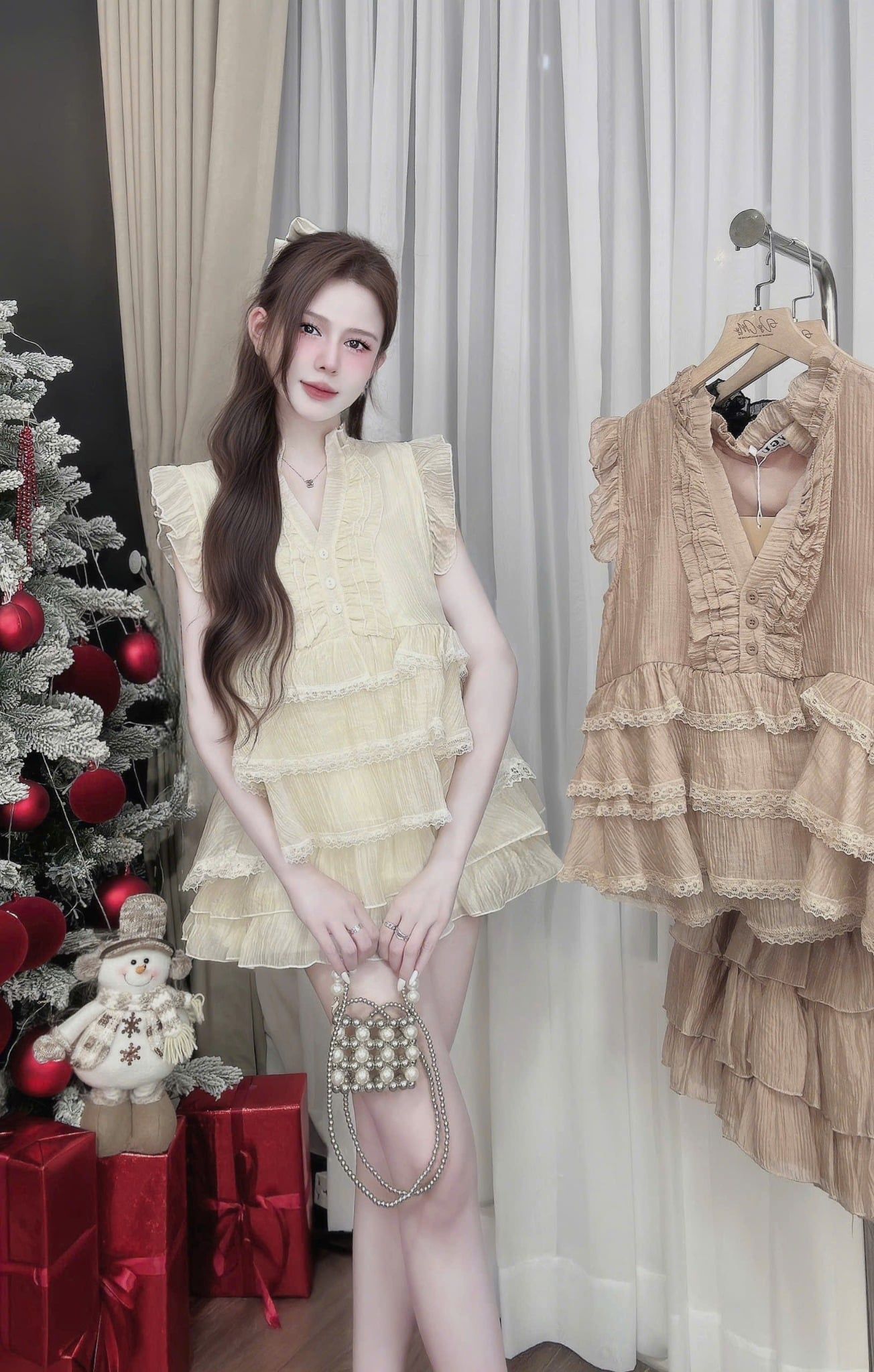  Set áo tay cánh tiên phối ren mix chân váy tầng - KEM - C136 ( FREESIZE <58KG ) 