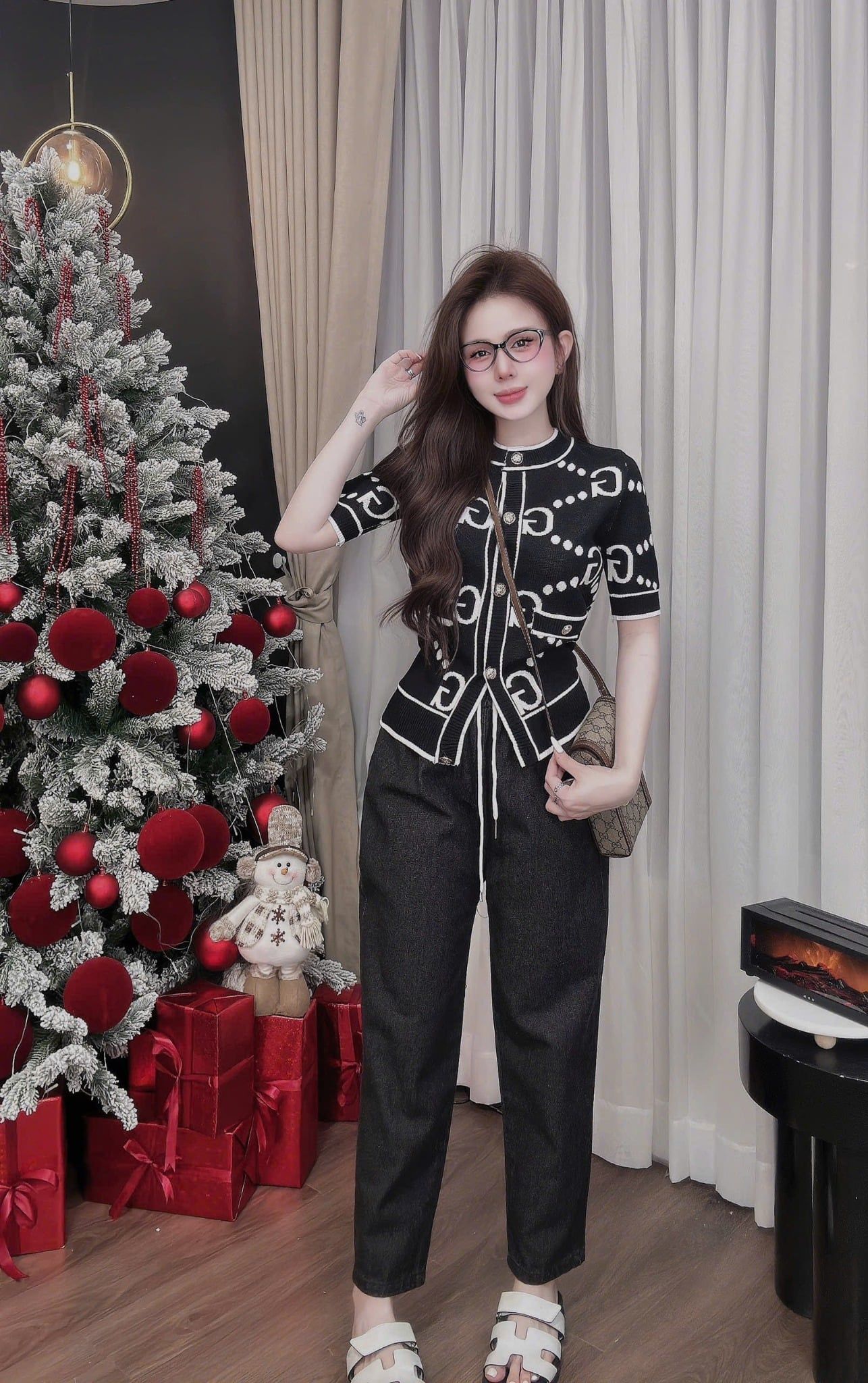  Set bộ áo gucci len mix quần suông baggy - ĐEN - G197 