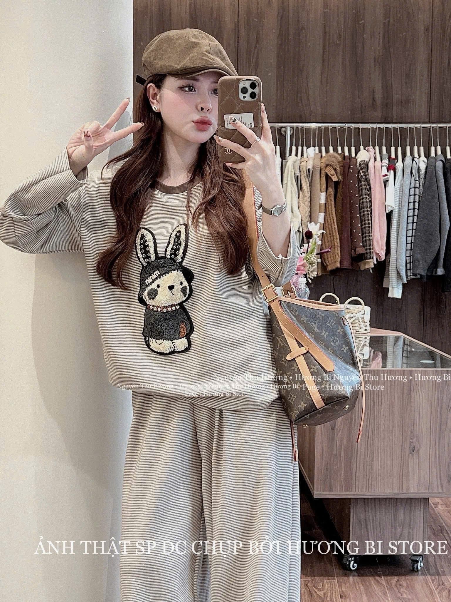  Set bộ kẻ thêu thỏ xù đính đá cute mix quần suông phối ren - G29 