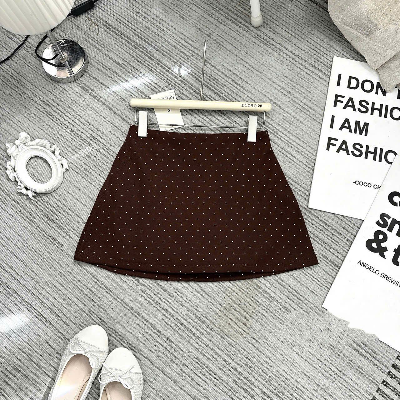  Chân váy dạ chấm bi form A có lót quần trong - NÂU - G34 (EO S<68, M<72) ( DÀI 35CM ) 