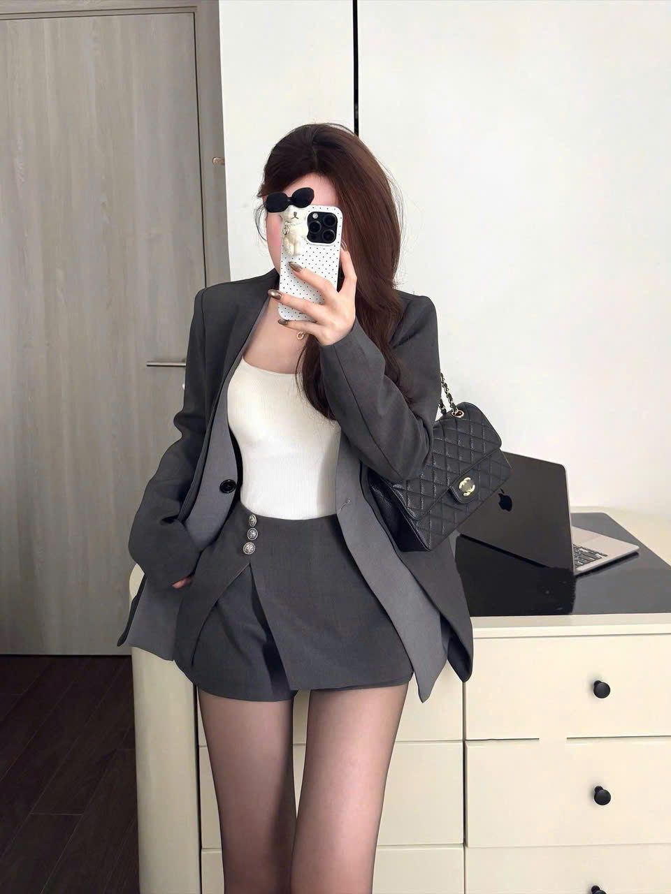  Set 2 món áo blazer buộc dây nơ mix chân váy xẻ tà khuy ngọc - C235 (EO S<68, M<72) 