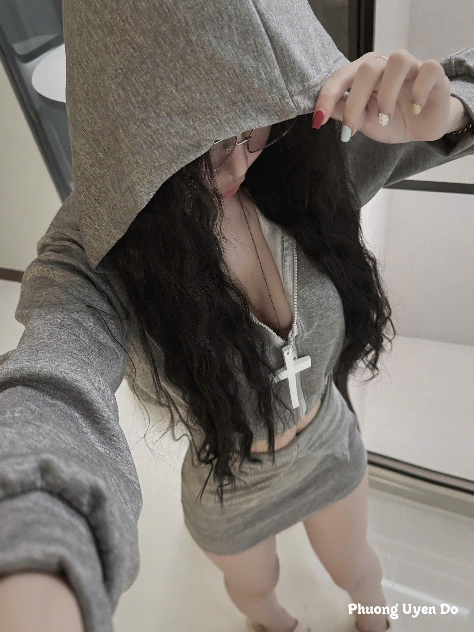  Set áo hoodie croptop khóa kéo mix chân váy phối vạt nhọn - C244 EO (S<68cm, M<72cm) 