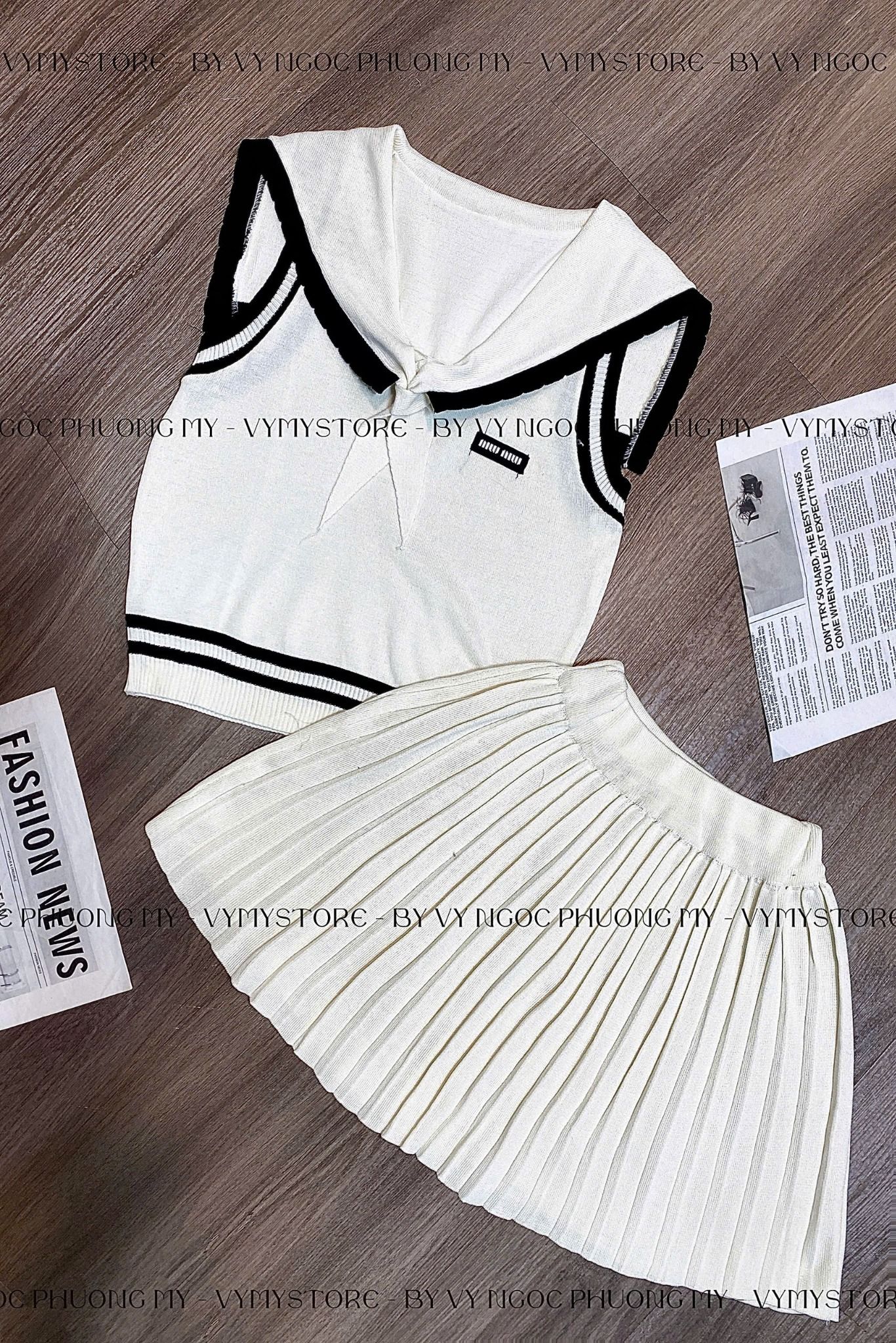  Set len sát nách cổ thủ thủy mix chân váy xếp ly - KEM - G68 