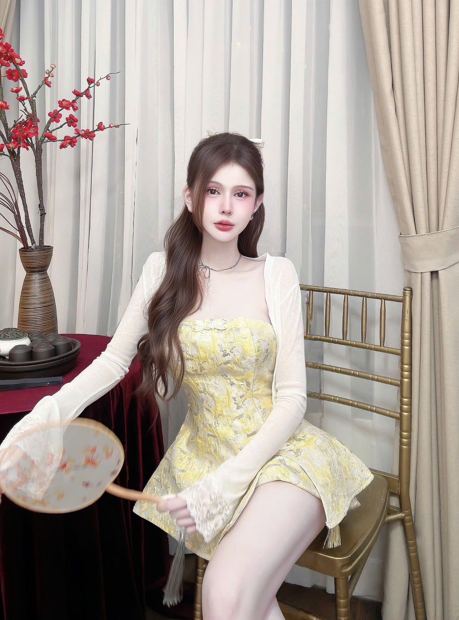  Set 3 món gấm áo quây + quần short bí mix khoác loe phối ren - VÀNG - C223 ( eo ÁO S<72, M<76, L<80, quần dài 30cm, áo dài 56cm ) - FREESHIP ONLY 30.11 