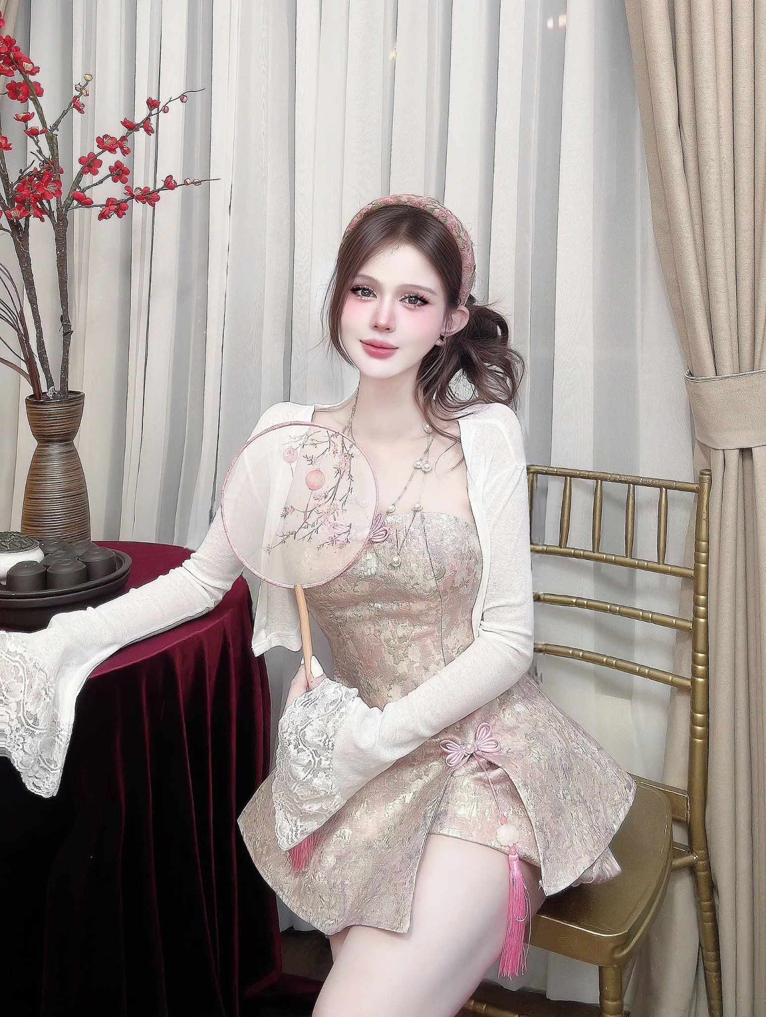  Set 3 món gấm áo quây + quần short bí mix khoác loe phối ren - HỒNG - C224 ( eo ÁO S<72, M<76, L<80 quần dài 30cm, áo dài 56cm ) - 