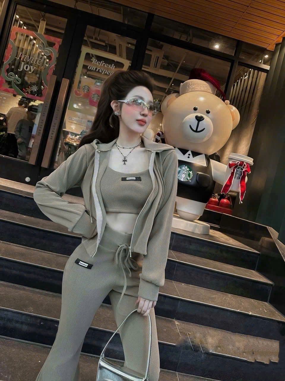  Set 3 món áo 2s croptop kèm áo khoác mix quần suông ống loe - BE - C262 