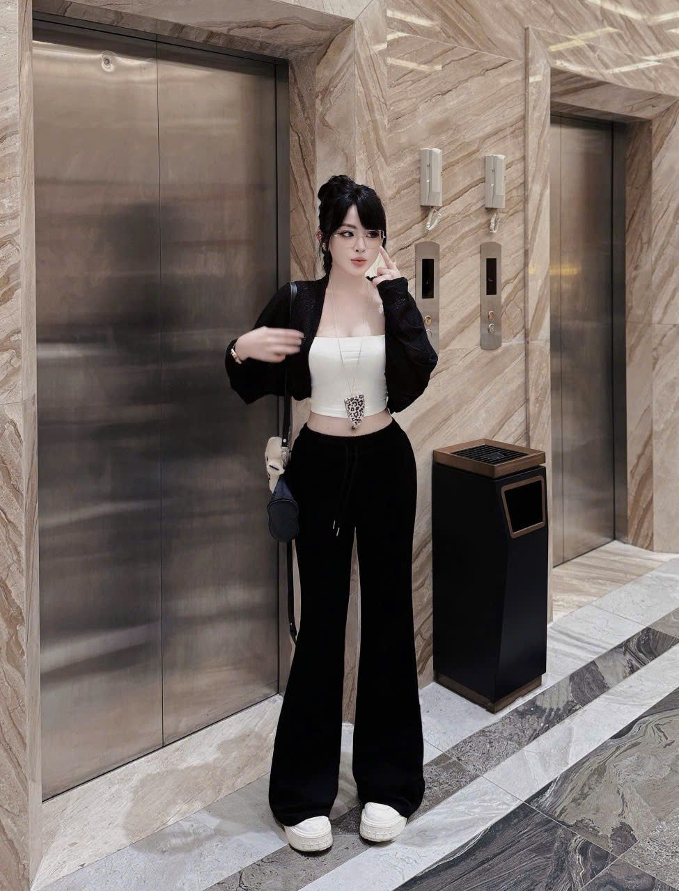  Set 3 món áo quây kèm khoác croptop mix quần suông ống loe - ĐEN - R4 