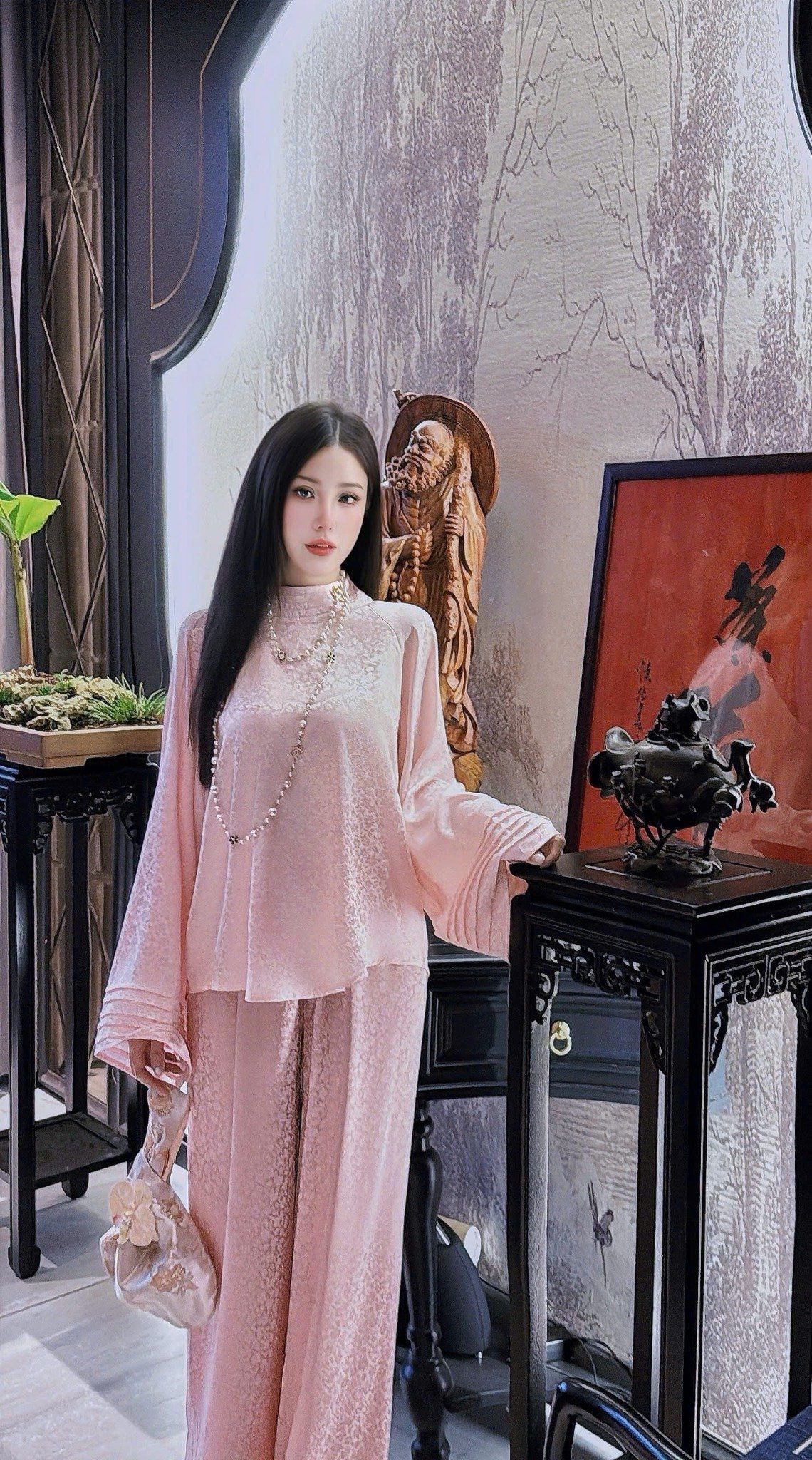  Set đồ lam áo tay dài tay suông mix quần suông vân nổi cao cấp - HỒNG - R6 