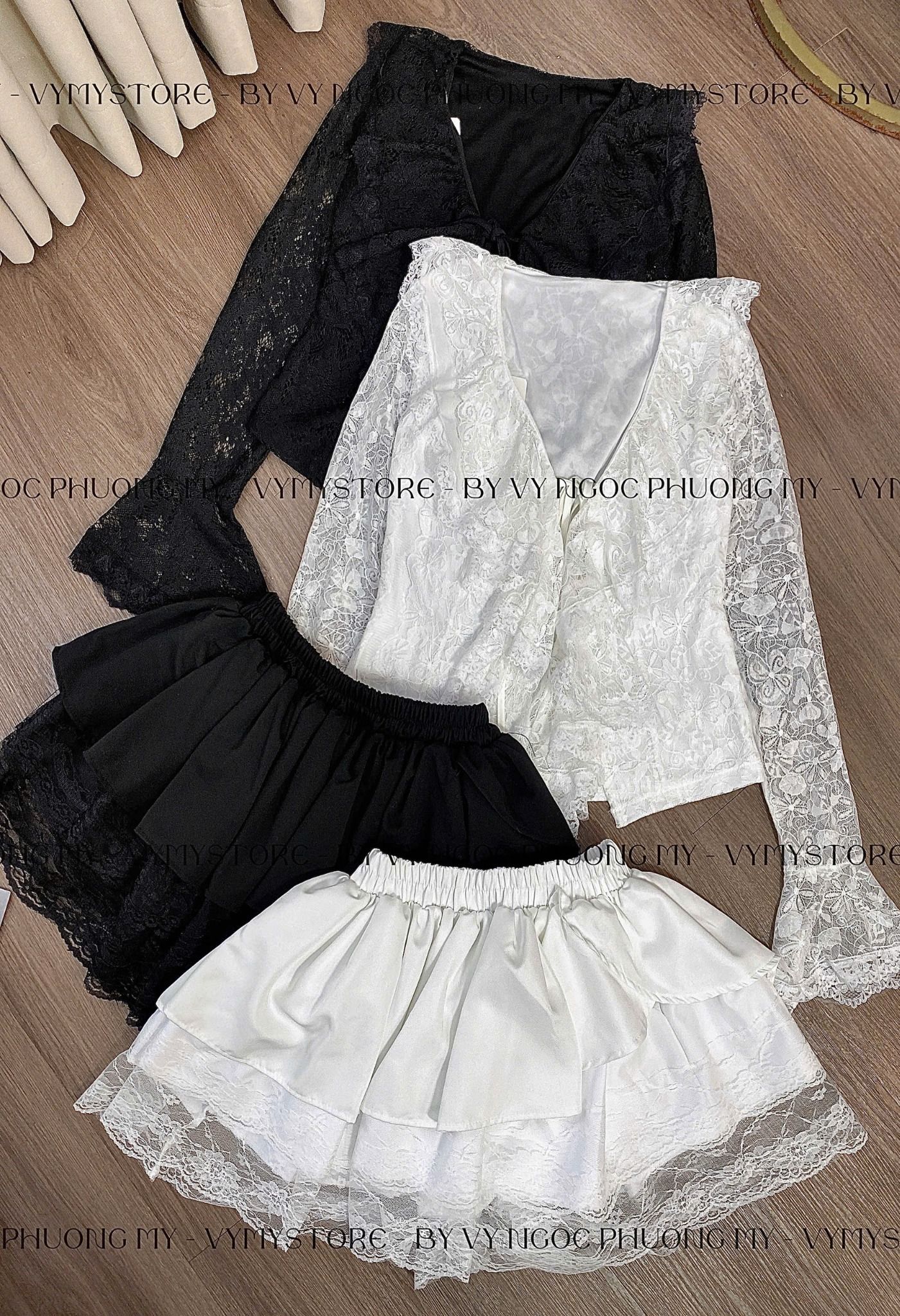  Set ren đúp lót 2 lớp áo tay loe mix chân váy tầng - ĐEN - C250 ( <56KG ) 